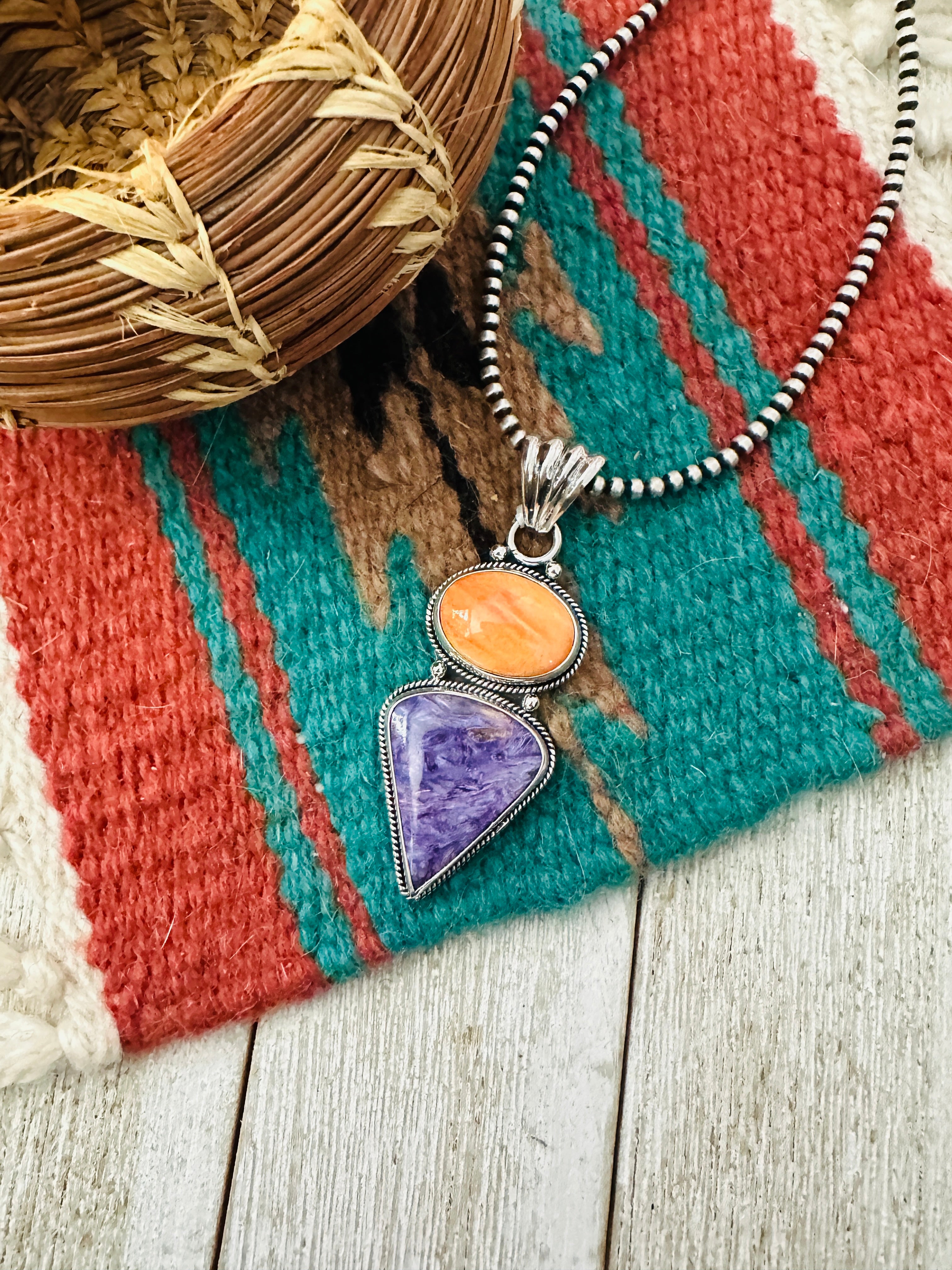 Handcrafted Sterling Silver, Spiny & Charoite Pendant