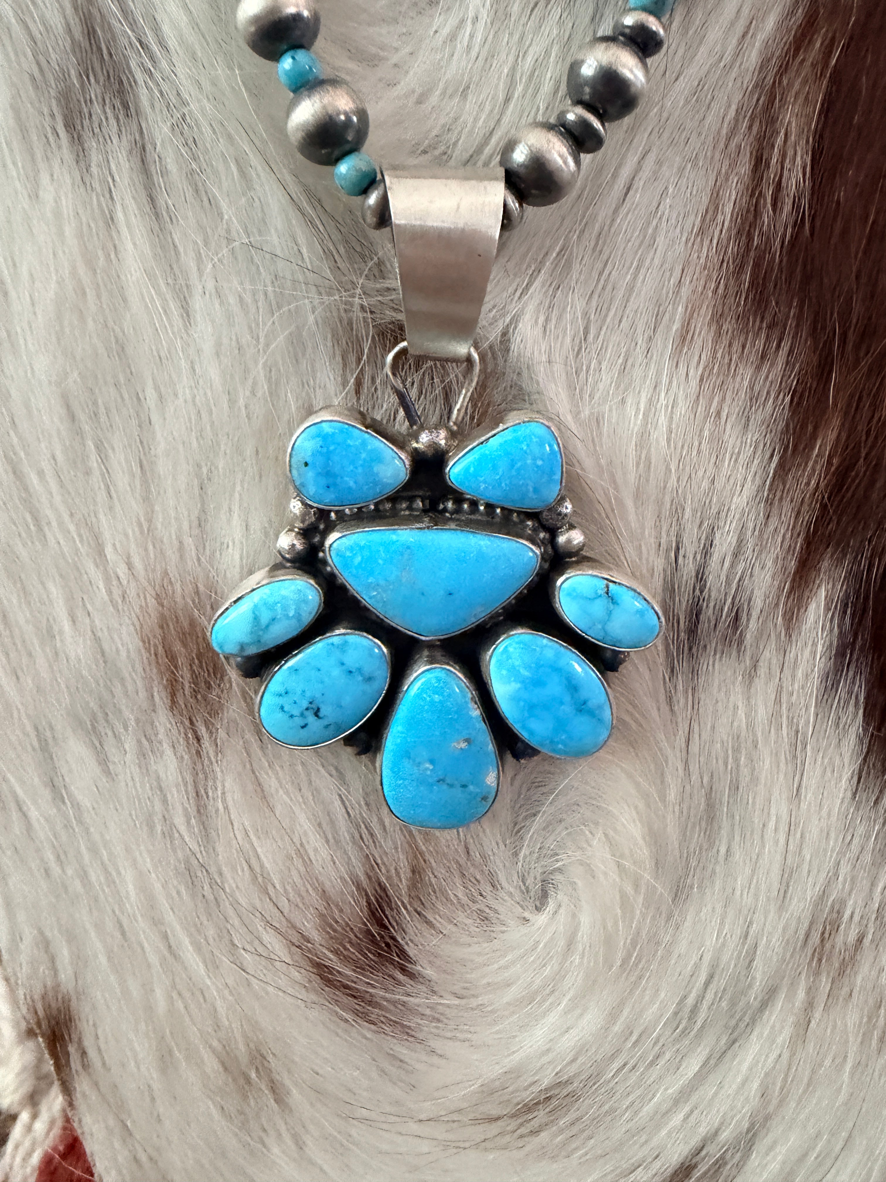 Handcrafted Turquoise & Sterling Silver Cluster Beaded Necklace by Travis Jim