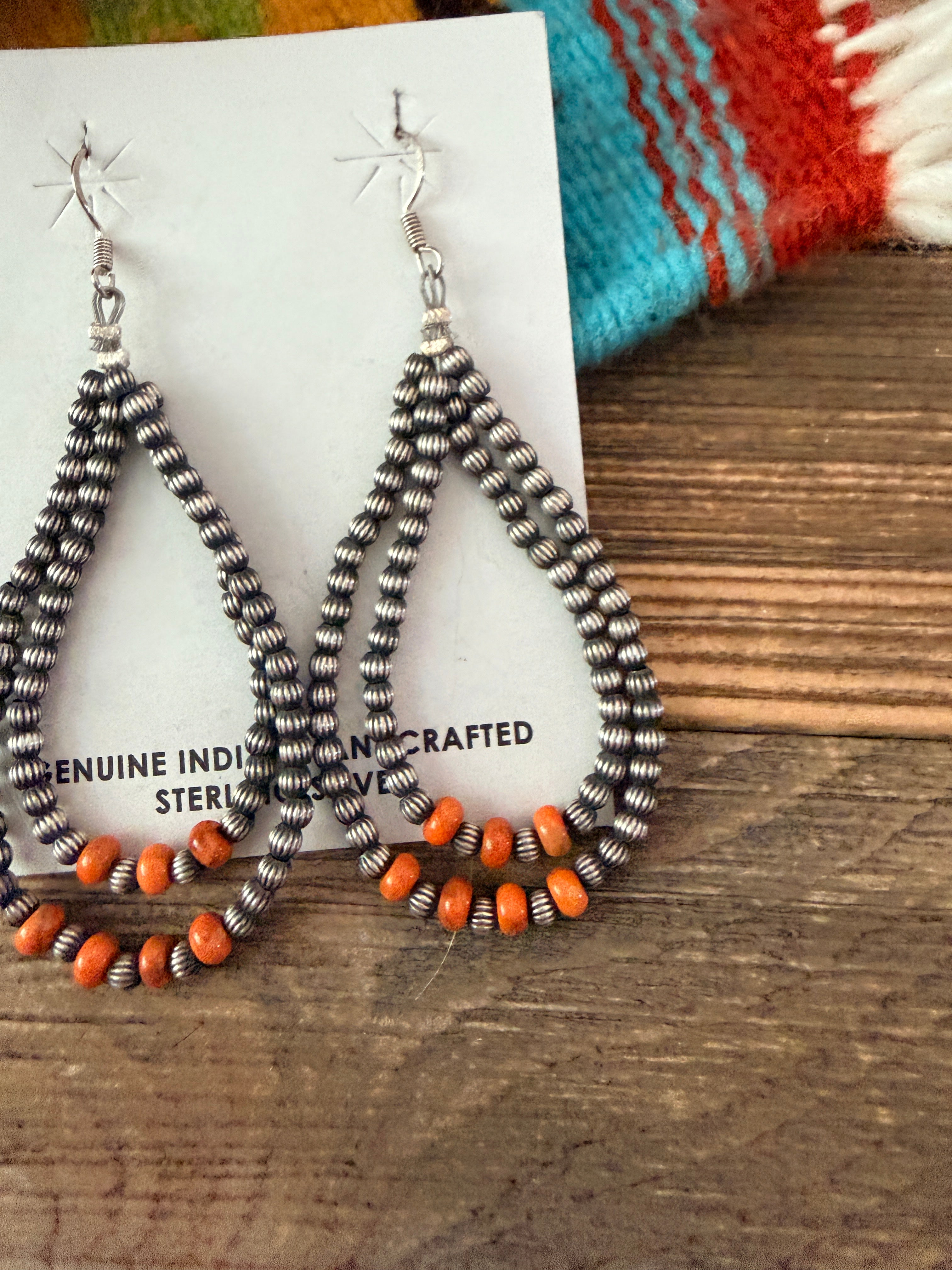 Handcrafted Sterling Silver Melon Bead & Spiny Oyster Dangle Hoop Earrings