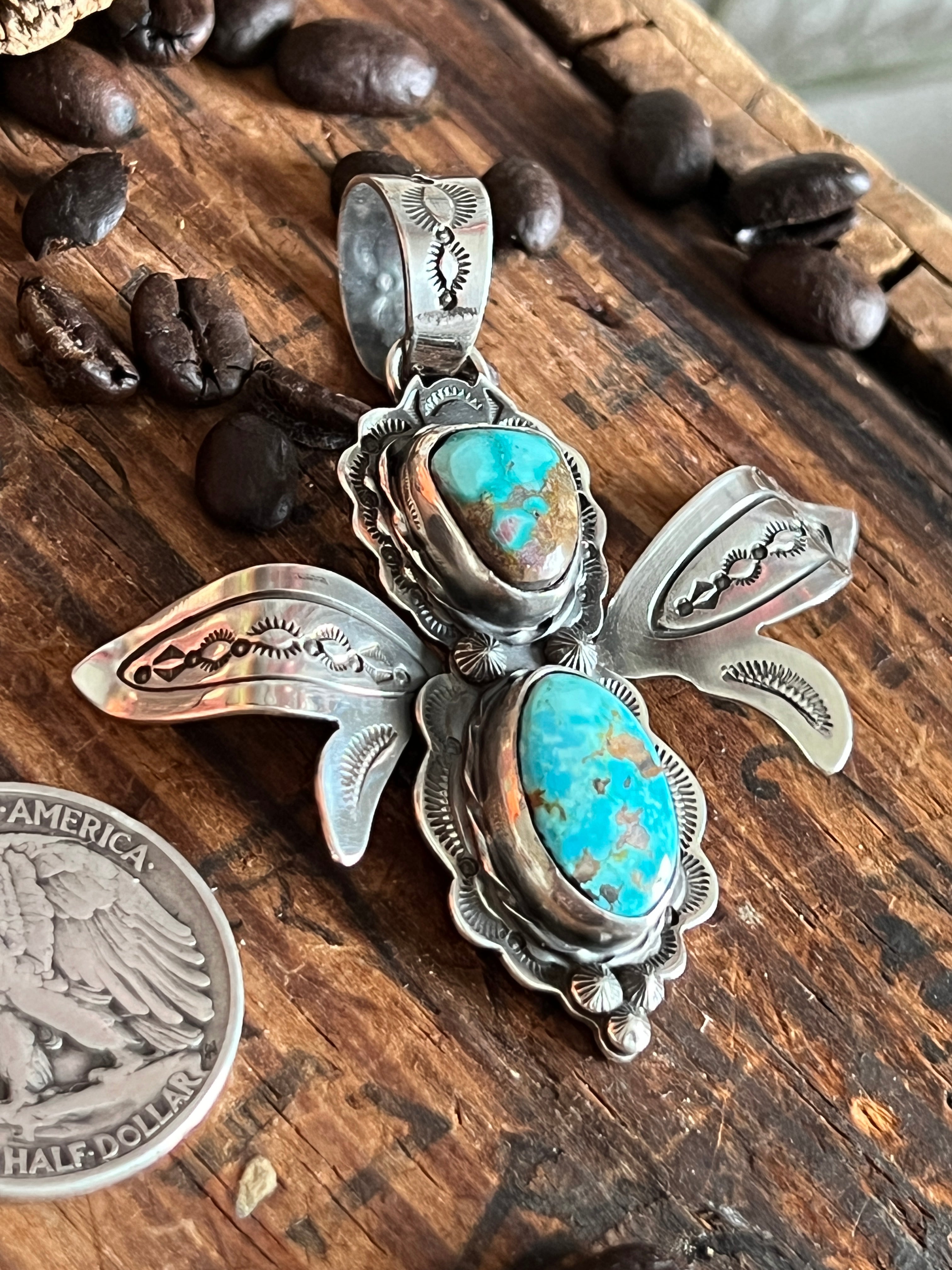 Handcrafted Kimari Somers Sterling Silver and Turquoise Winged Bug Pendant