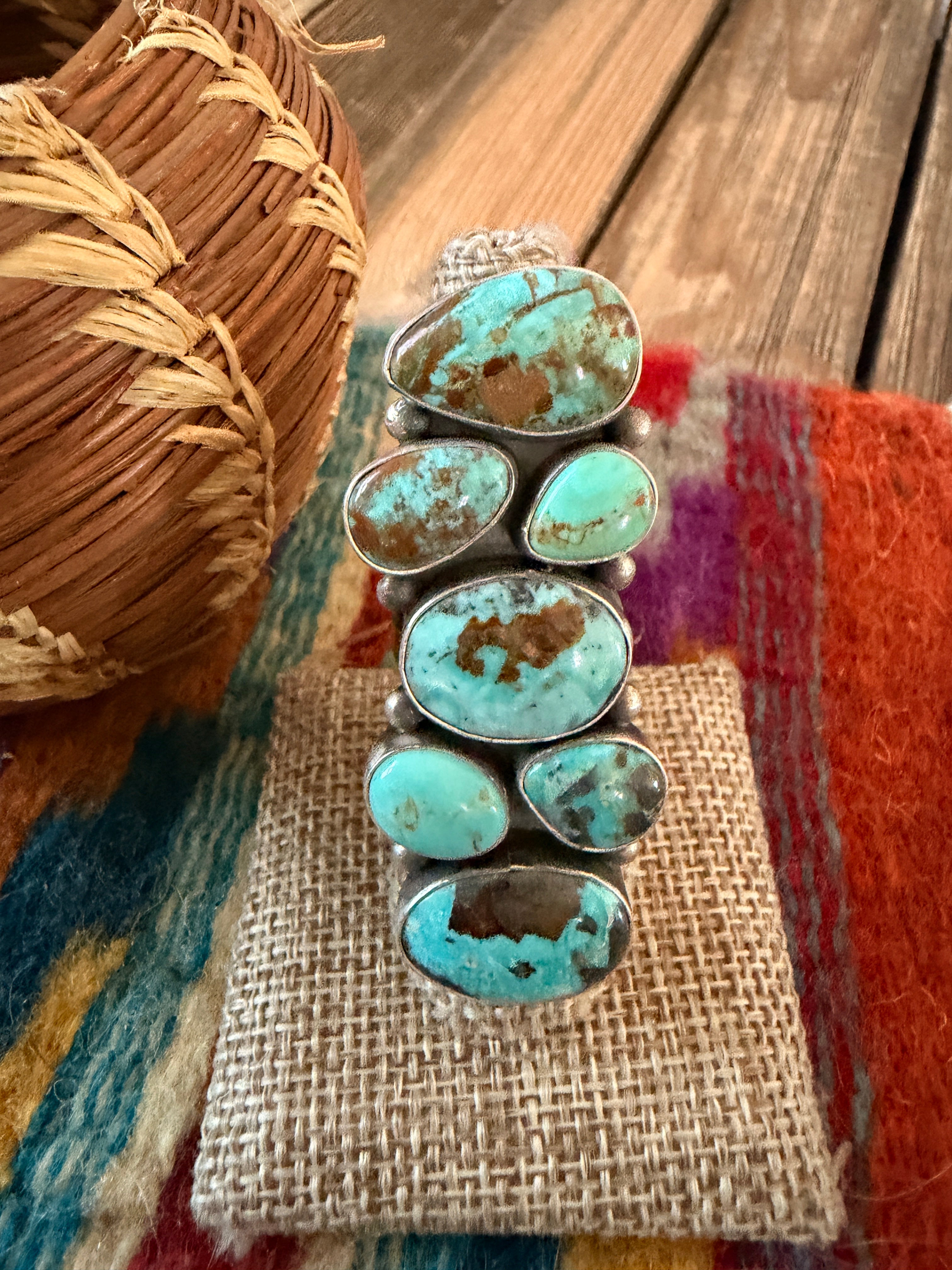 Handcrafted Turquoise & Sterling Silver Cluster Ring Size 8