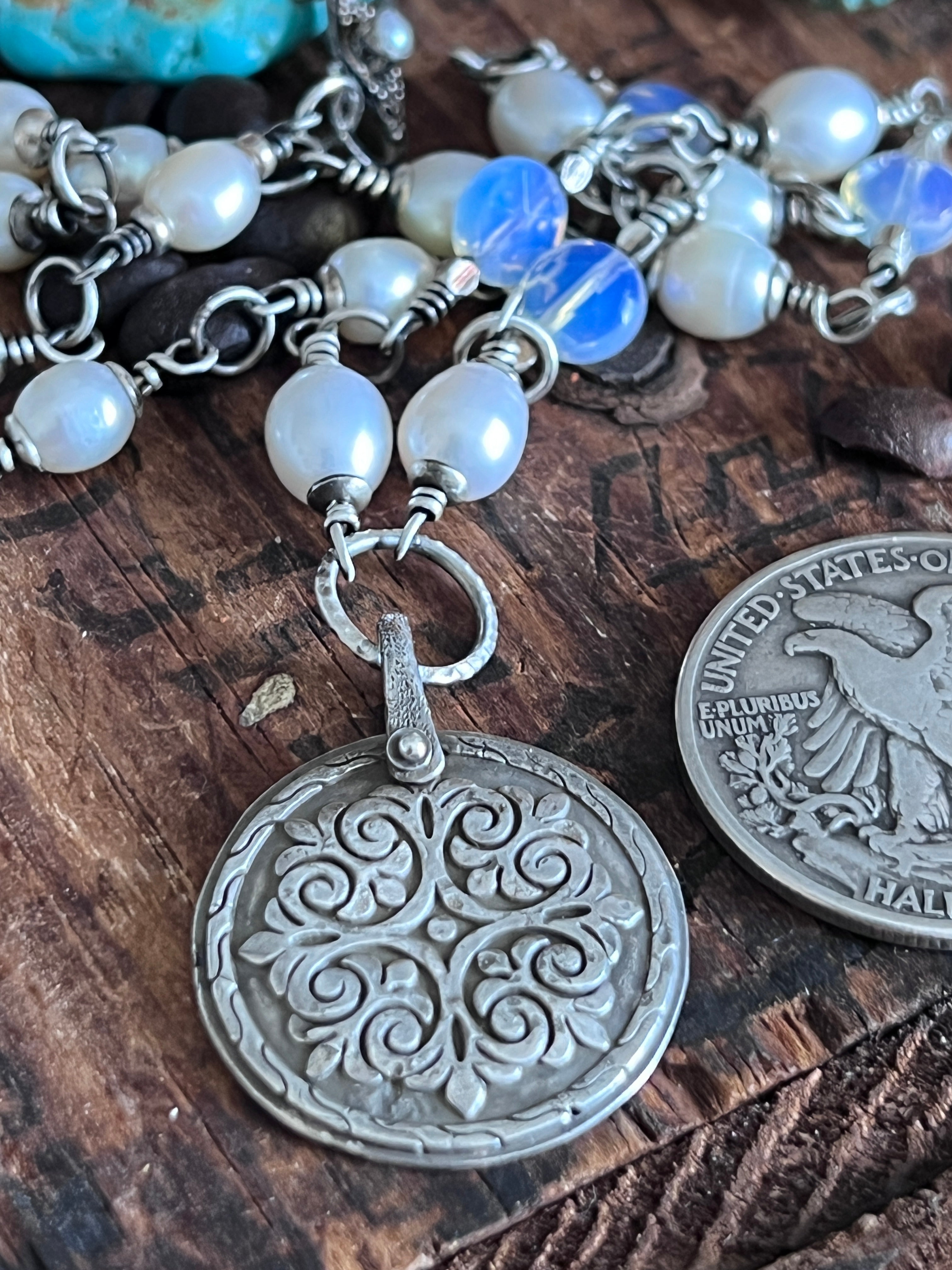 Tularosa Rosary Style Sterling Silver and Freshwater Pearl Siren’s Song Relic Coin Beaded Necklace
