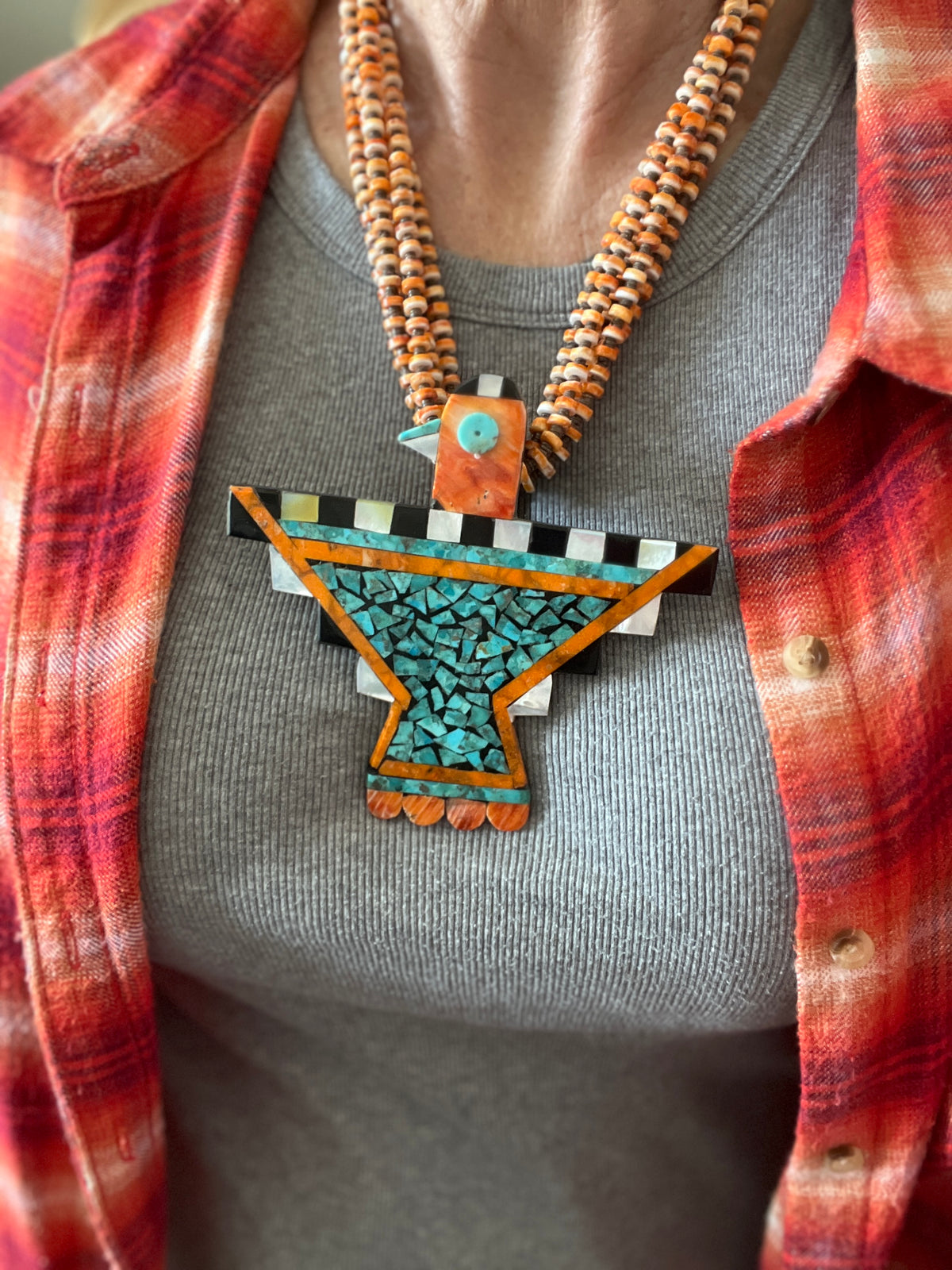 Warren Nieto Inlay Turquoise and Spiny Oyster Thunderbird Necklace & Earrings Set