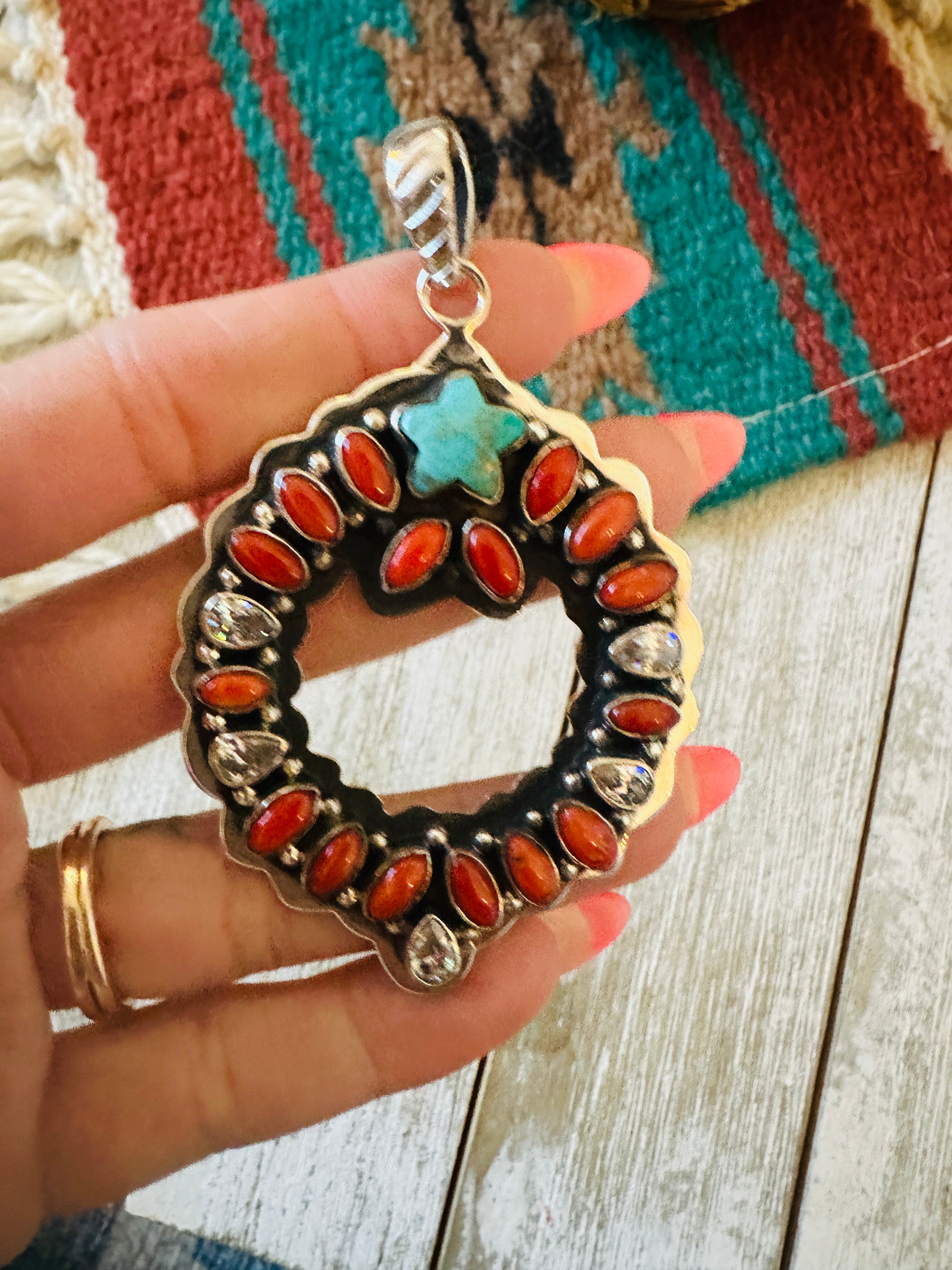 ** Christmas Collection ** Handmade Sterling Silver, Coral, Turquoise & CZ Wreath Pendant Signed Nizhoni