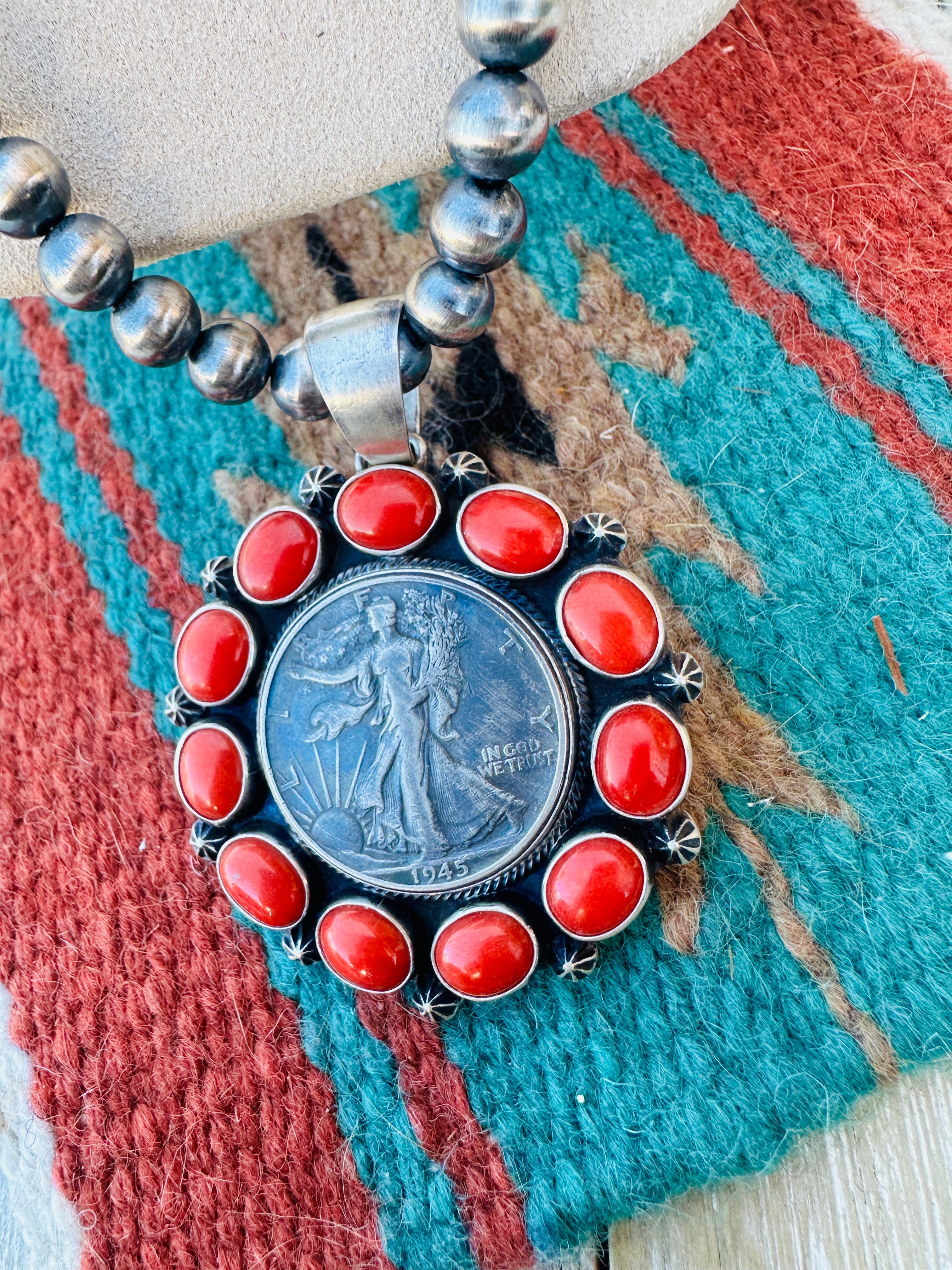 Handcrafted Sterling Silver and Coral Liberty Coin Necklace by Darrin Livingston