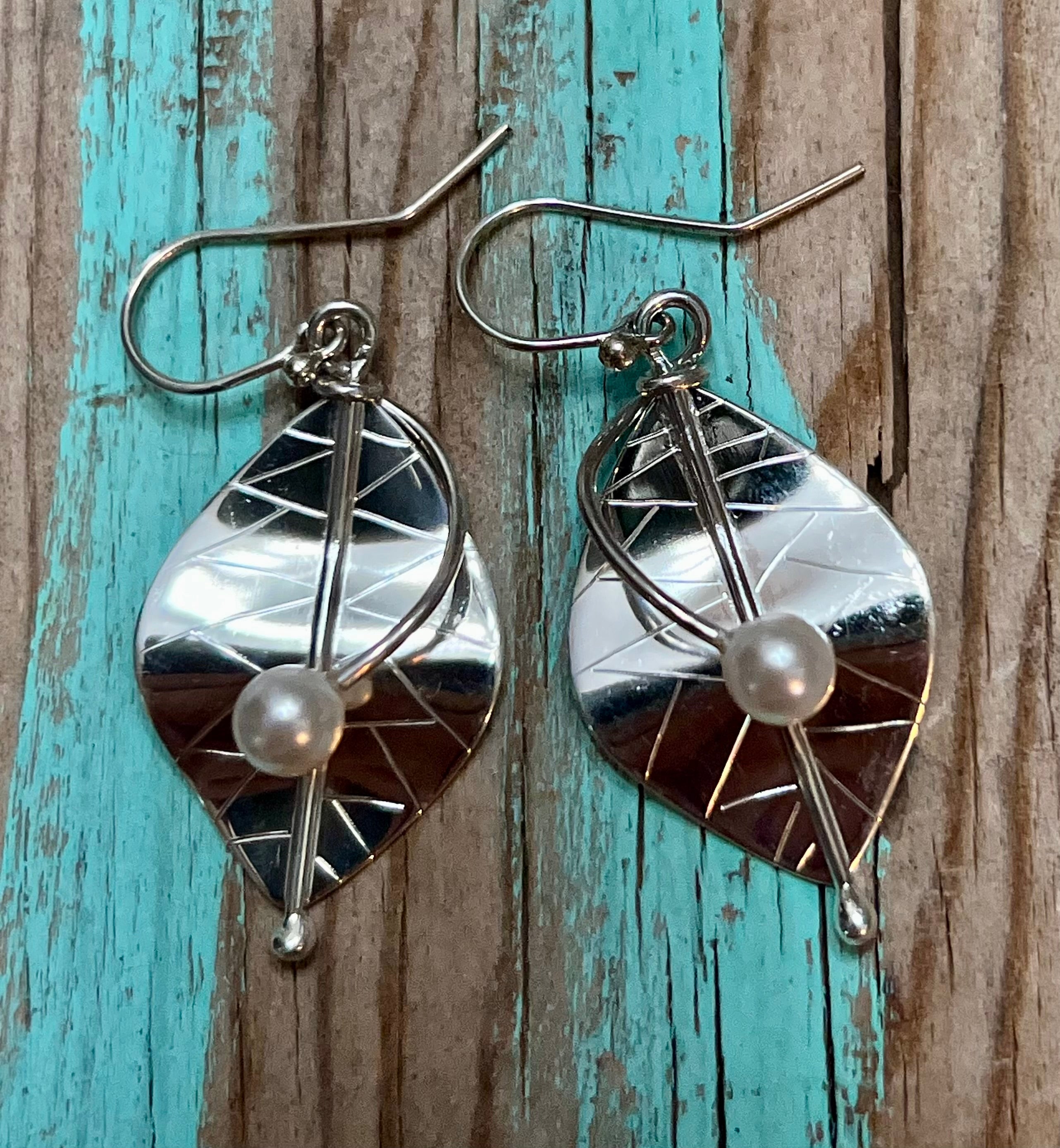 Modern Leaf Earrings with Pearl & Sterling Silver