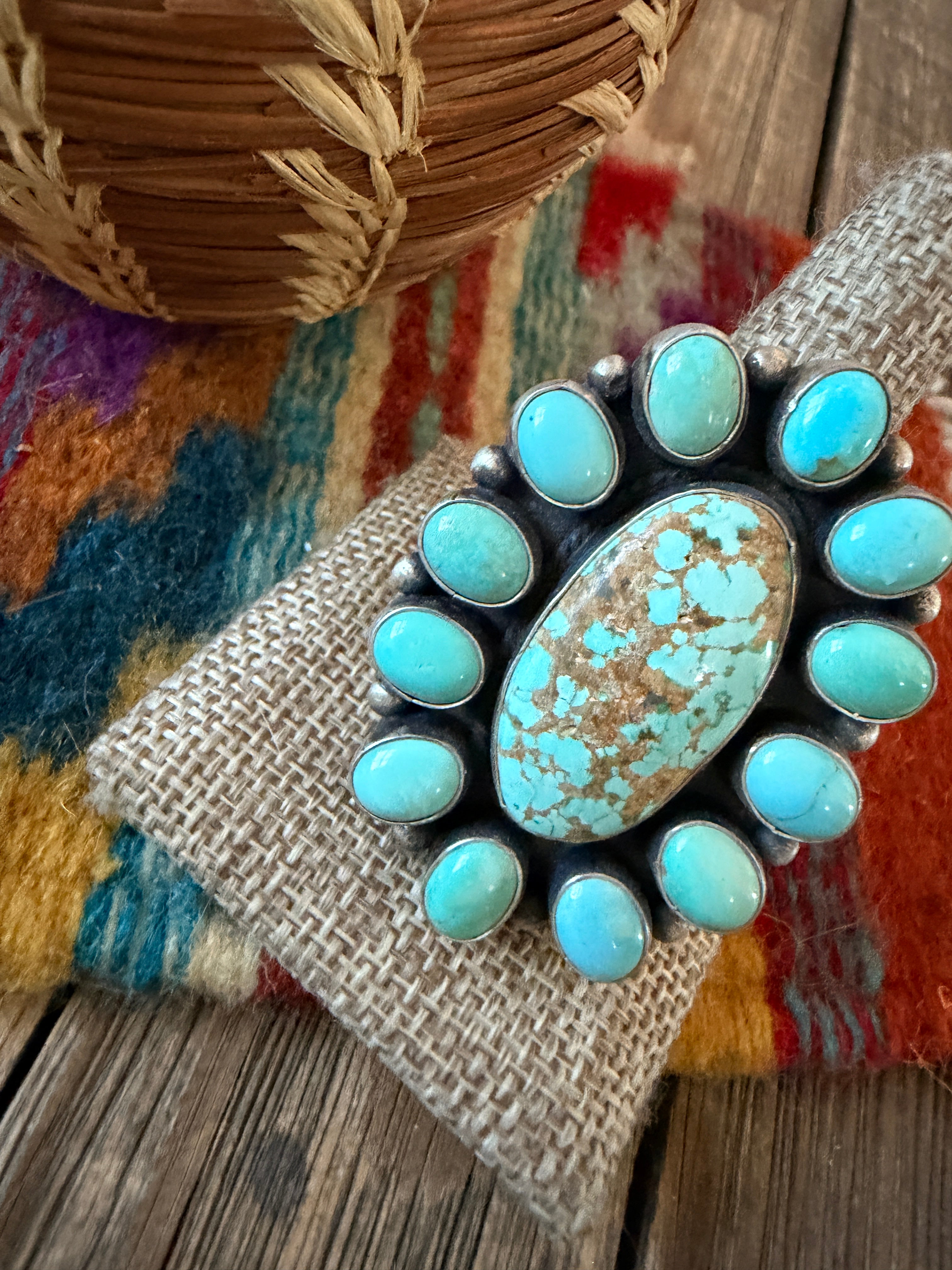 Handcrafted Turquoise & Sterling Silver Cluster Ring Size 12 by Sheila Becenti