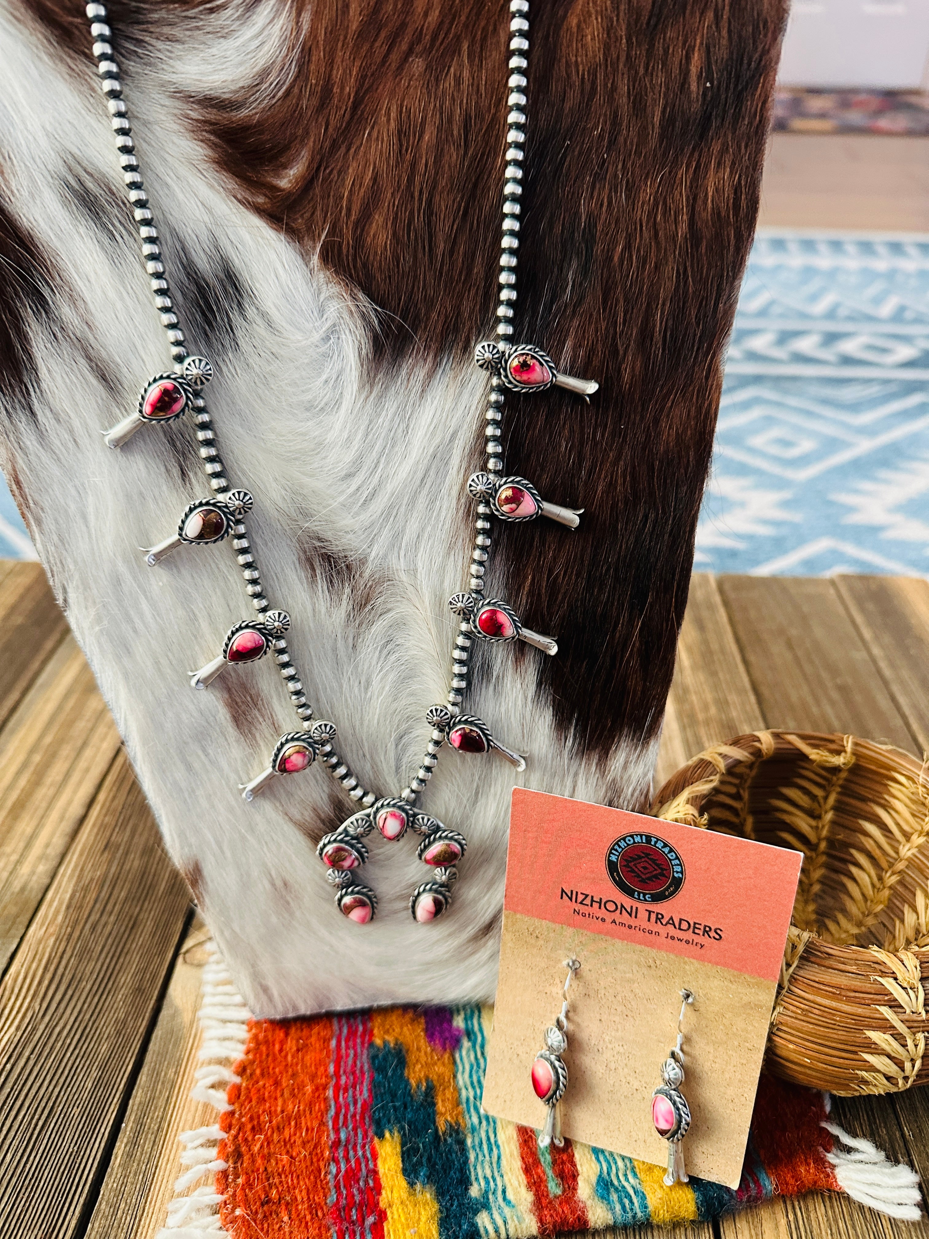 Handcrafted Sterling Silver & Rose Dahlia Squash Blossom Necklace Set