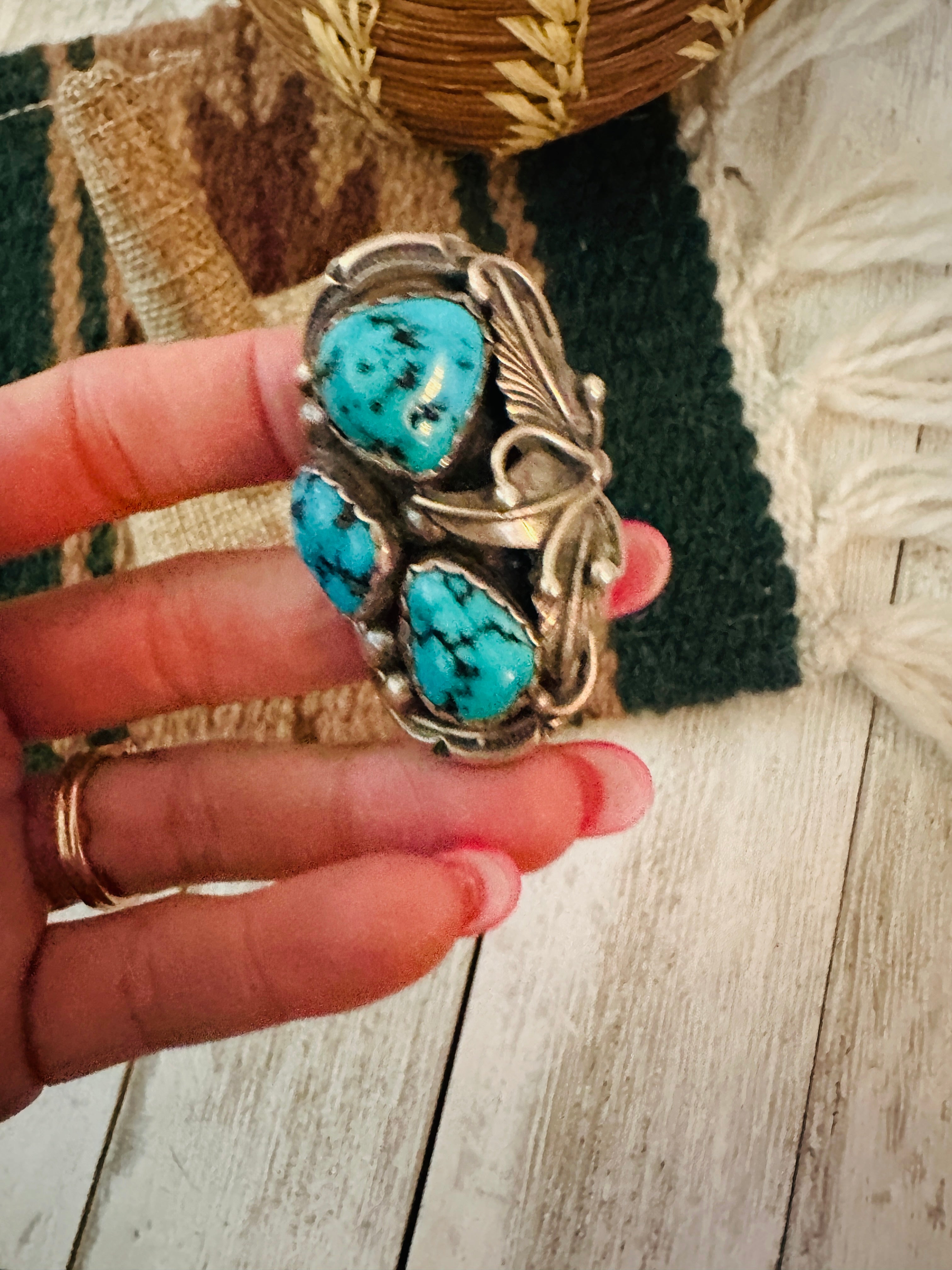 Handcrafted Old Pawn Turquoise and Sterling Silver Ring Size 11.5