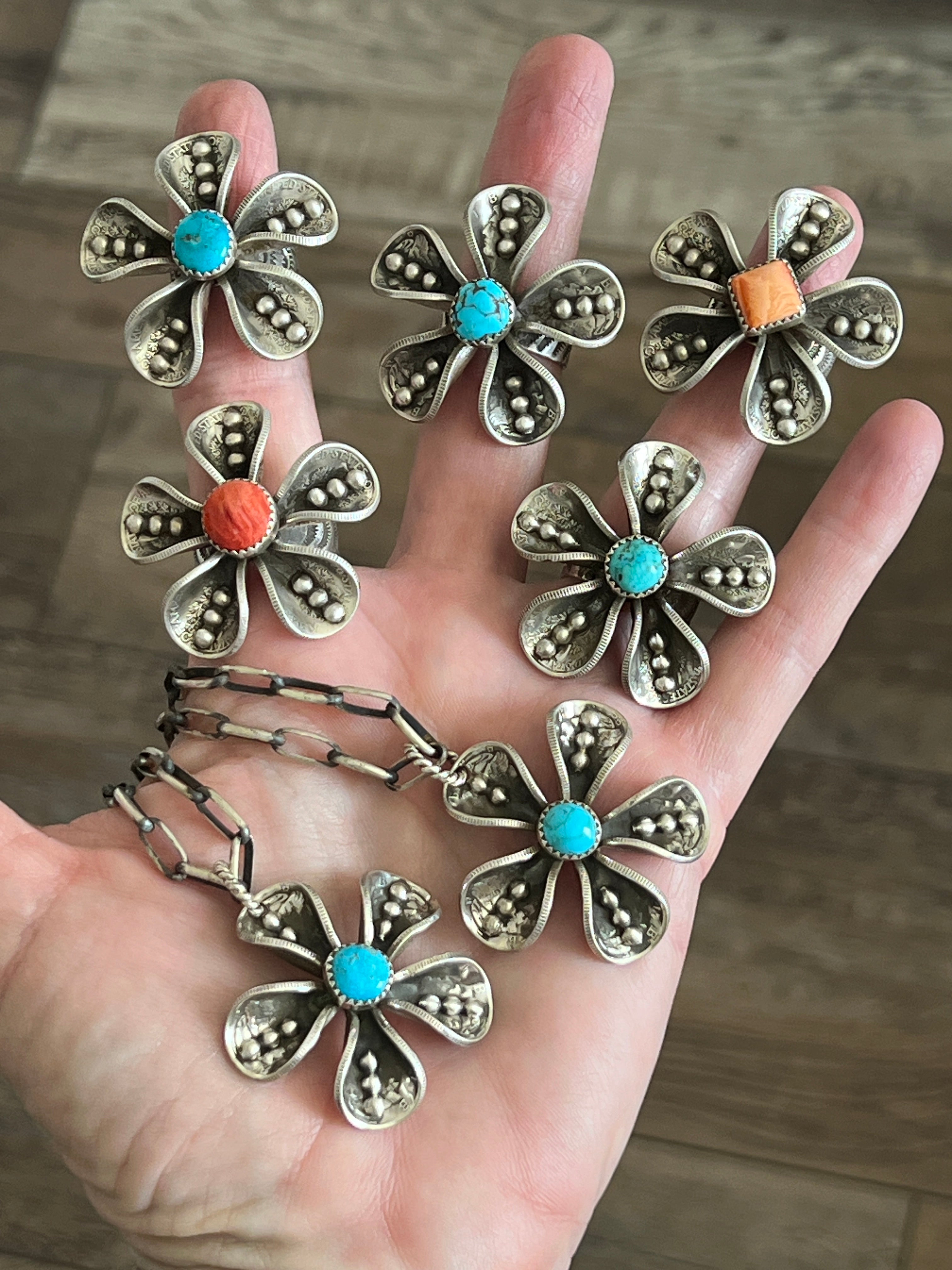 Handcrafted Sterling and Coin Silver Mercury Dime Flower Pendant with Turquoise on Handmade Chain by James Begay