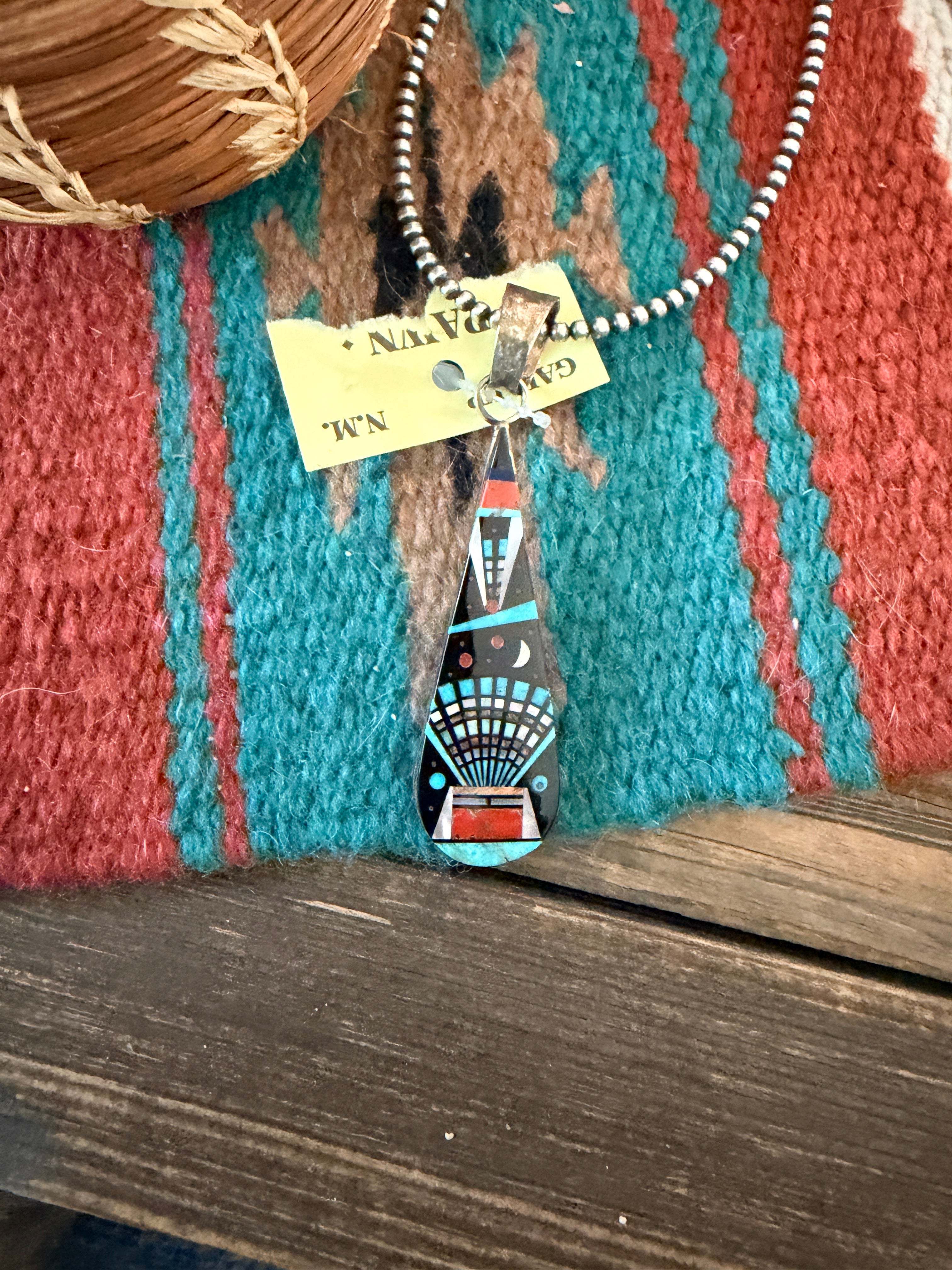 Old Pawn Handcrafted Multi Stone & Sterling Silver Inlay Teardrop Pendant