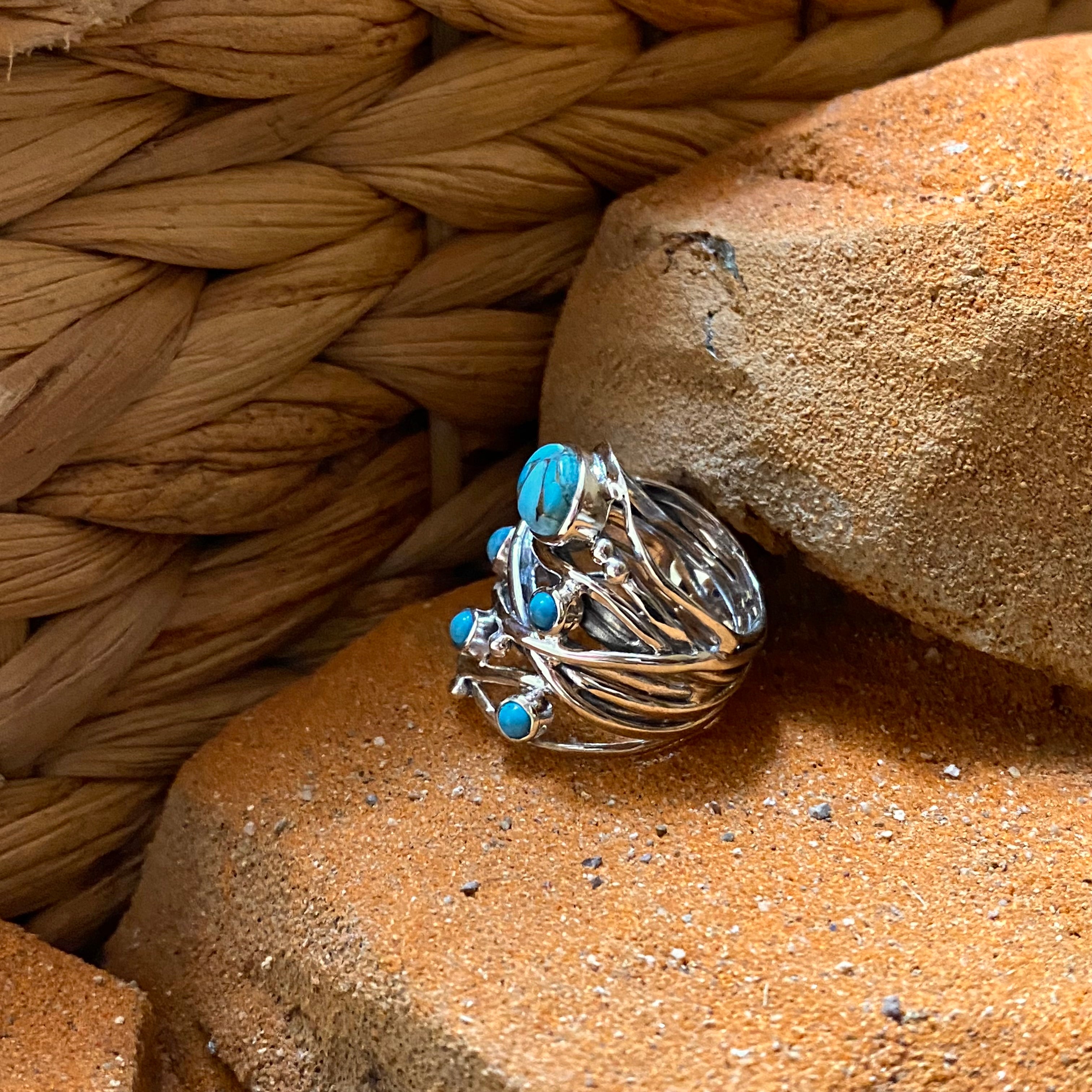 Sterling Silver Five Stone Copper Turquoise Strand Ring Size 8