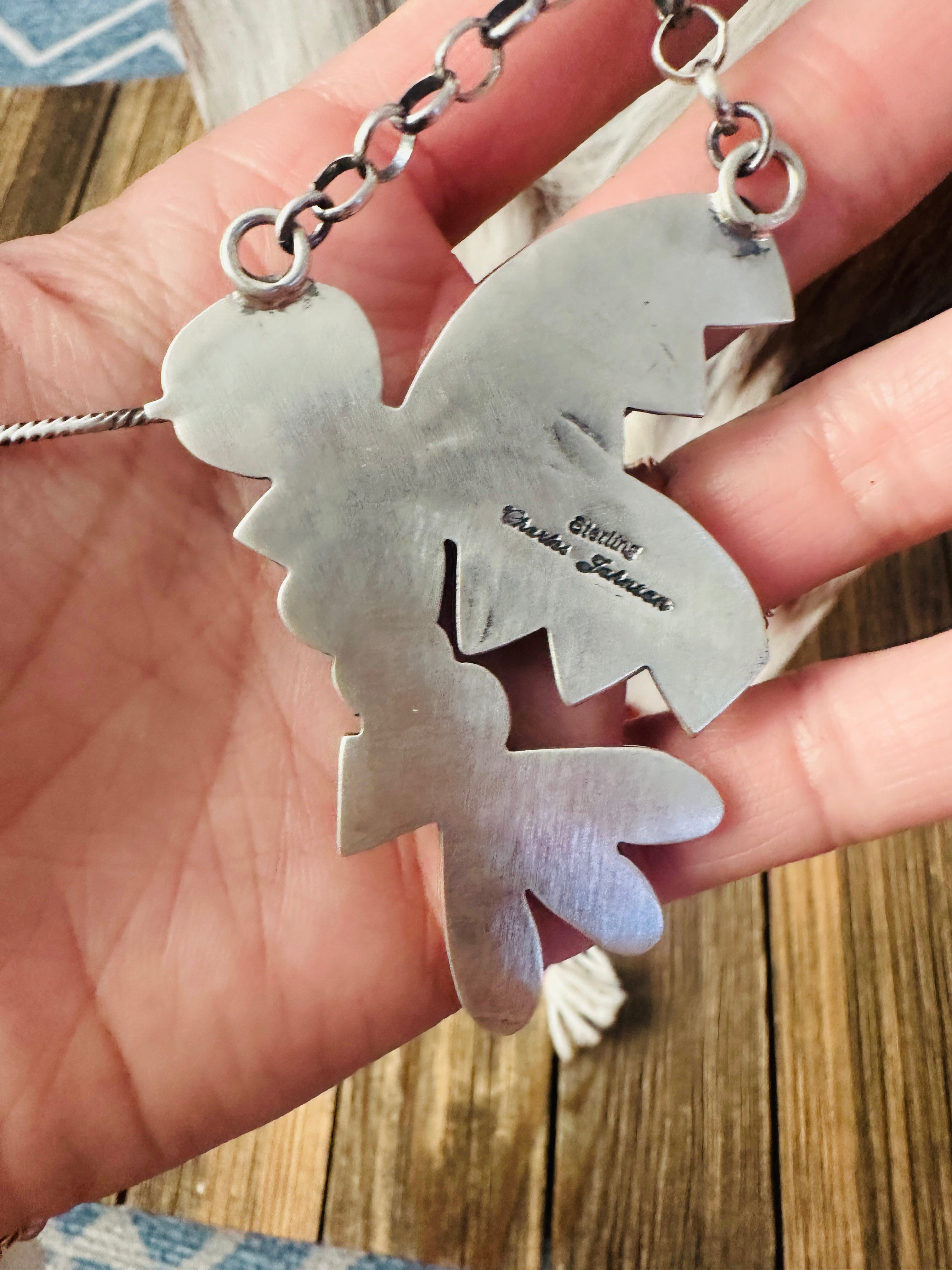 Handcrafted Golden Hills Turquoise & Sterling Silver Hummingbird Necklace by Charles Johnson