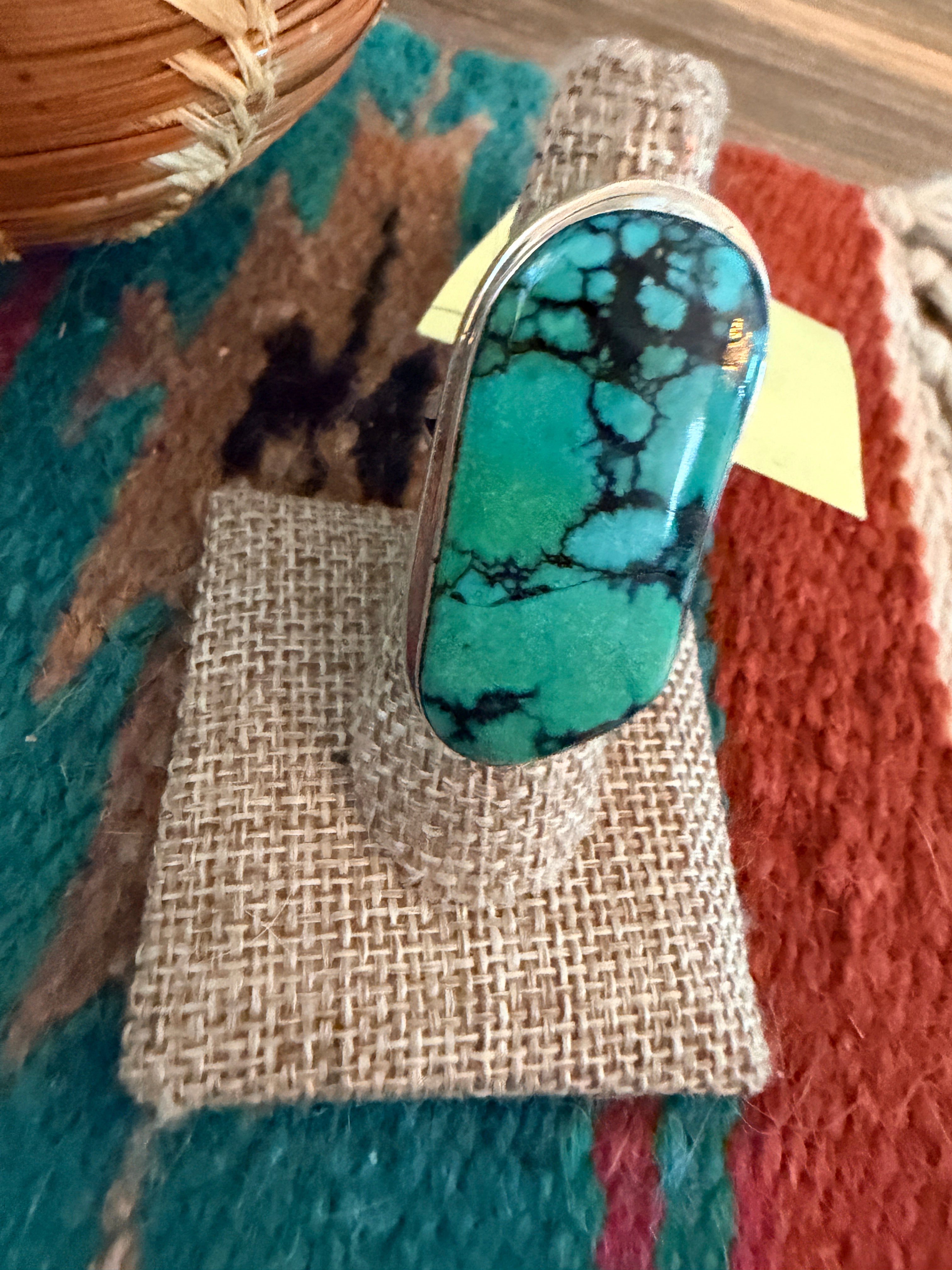Old Pawn Handcrafted Chinese Spiderweb Turquoise & Sterling Silver Ring Size 8