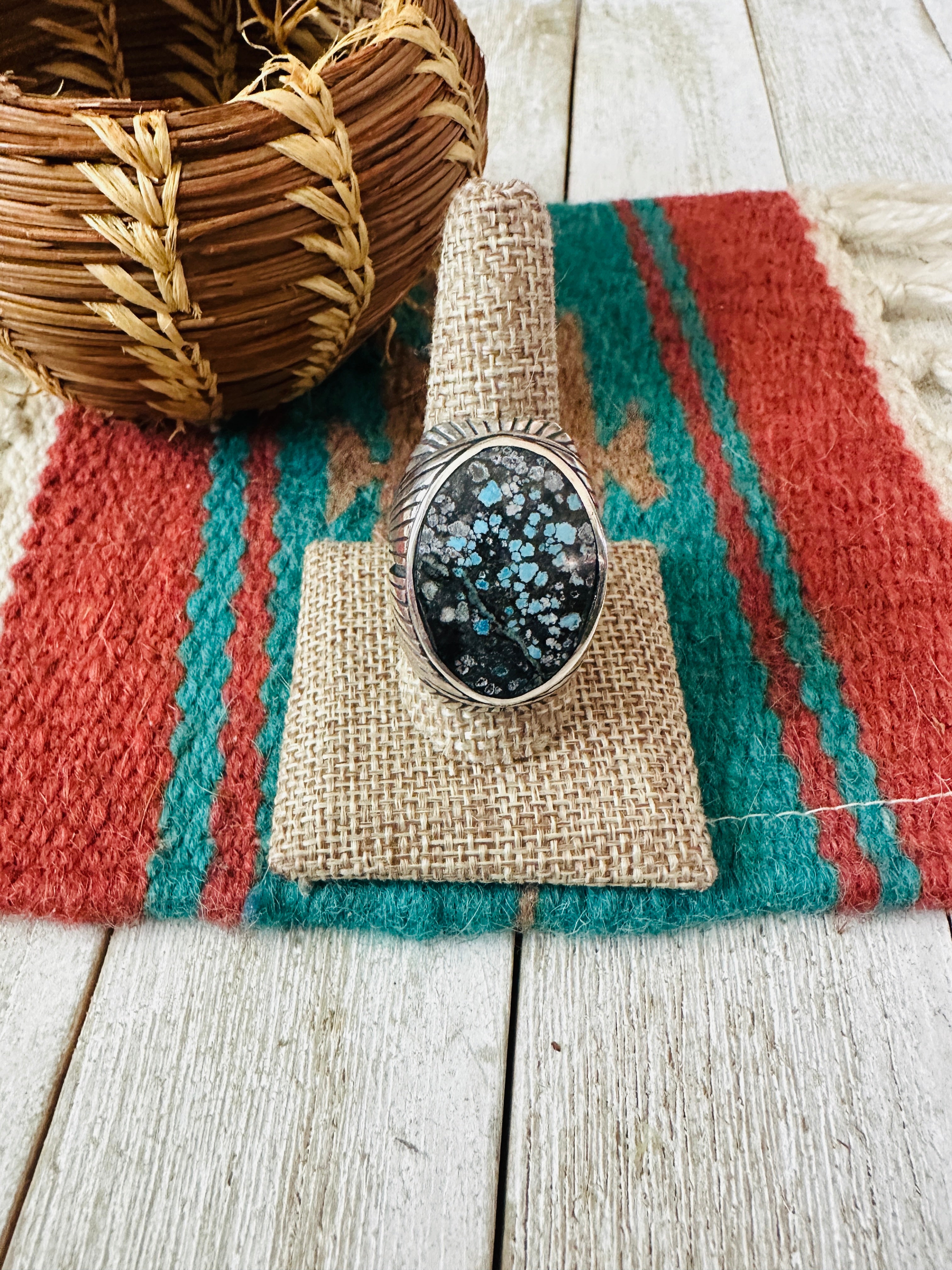 Old Pawn Navajo Sterling Silver & Kingman Web Turquoise Men’s Ring Size 10