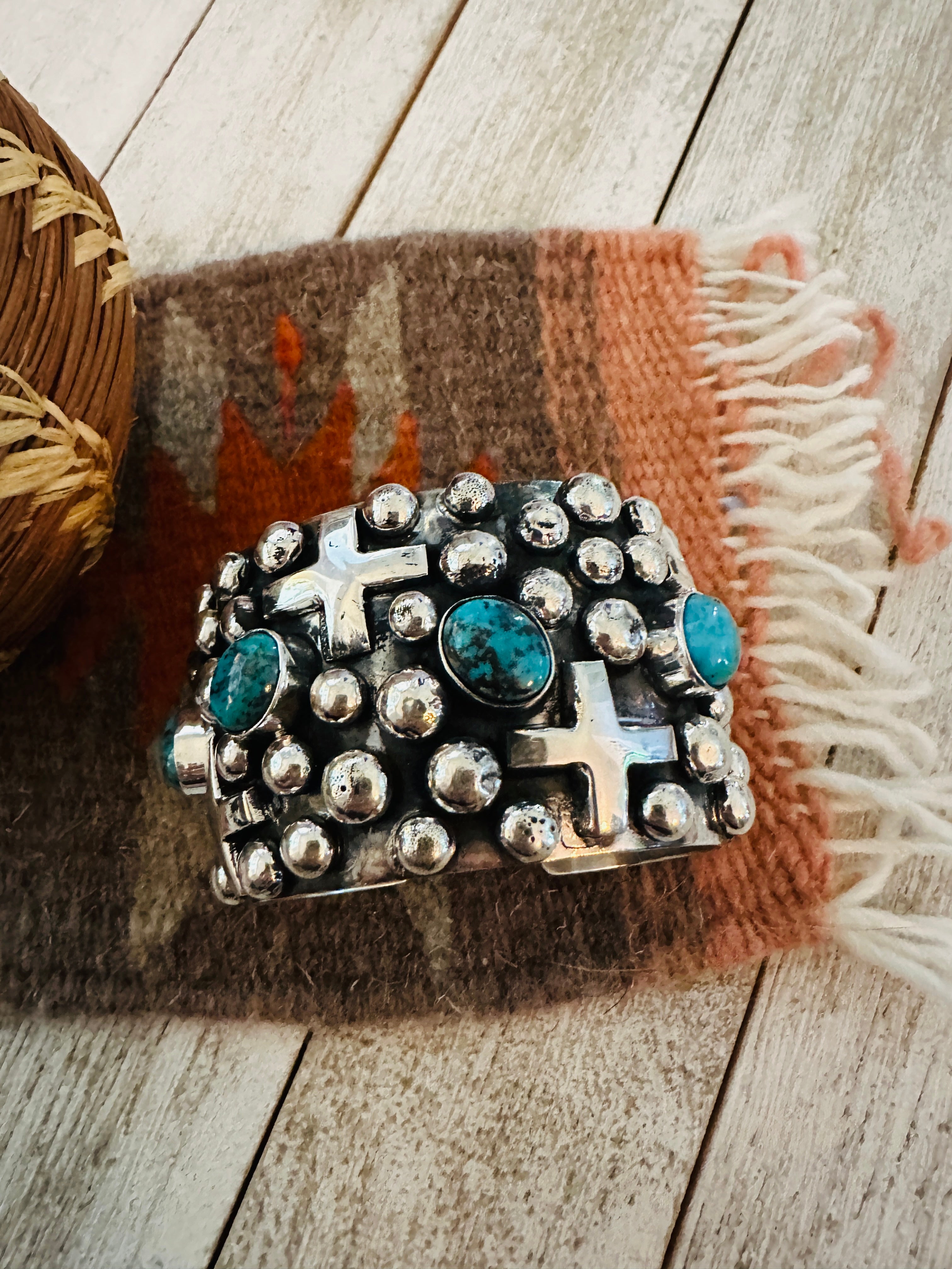 Handcrafted Turquoise & Sterling Silver Cross Cuff Bracelet By Chimney Butte w/ Matrix /