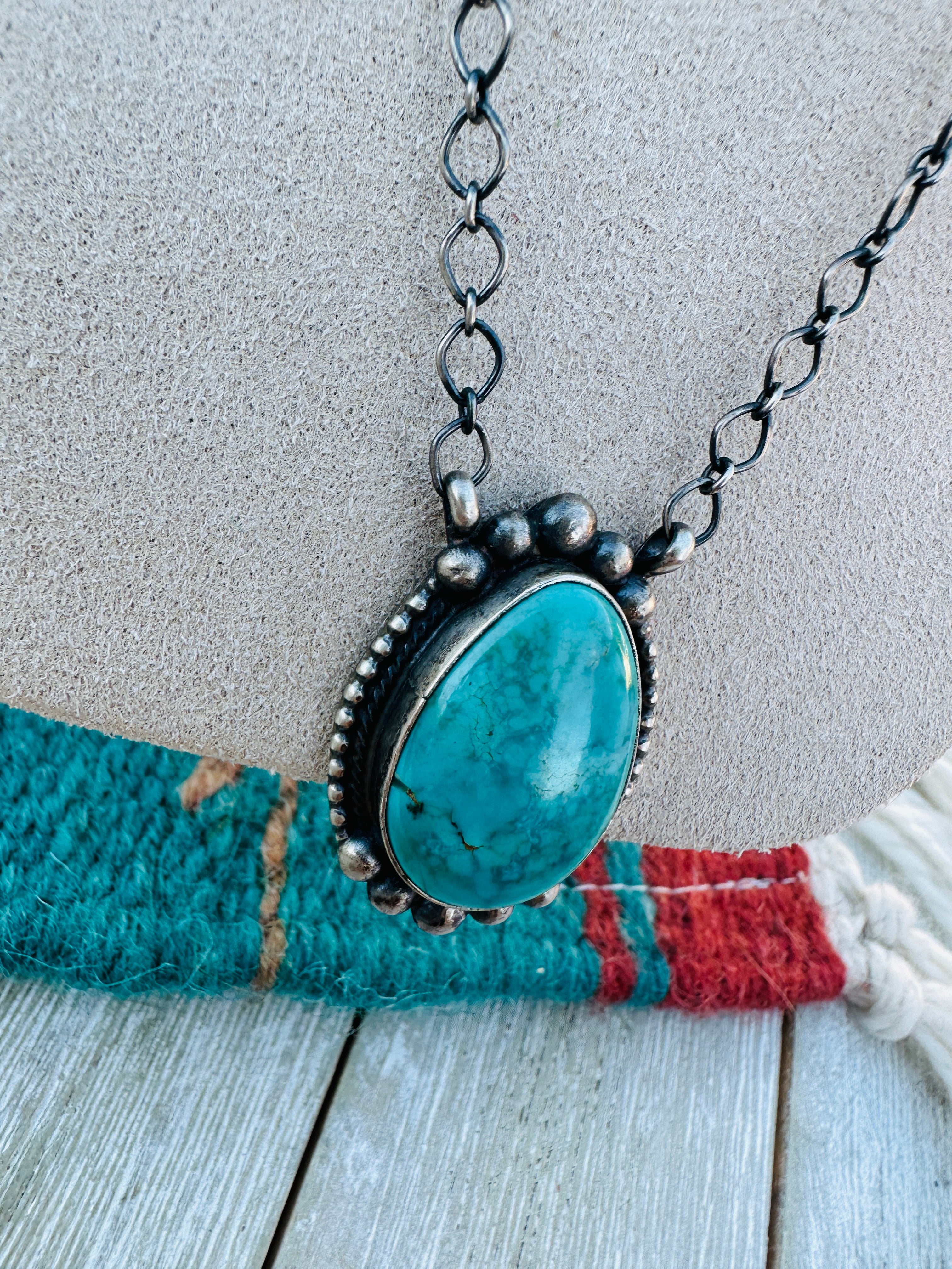 Handcrafted Sterling Silver 18” Link Chain & Turquoise Necklace