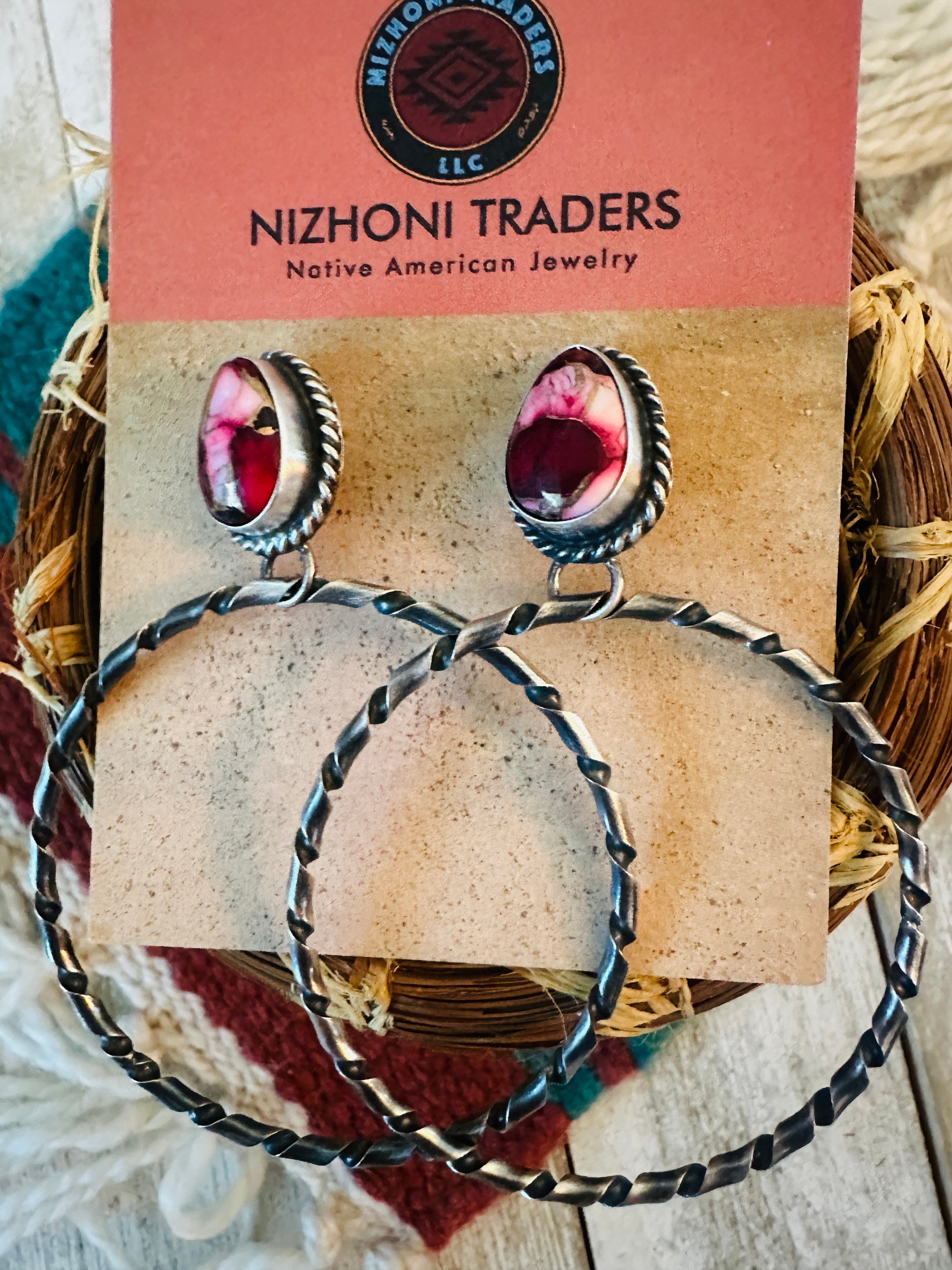 Navajo Rose Dahlia and Sterling Silver Dangle Hoop Earrings