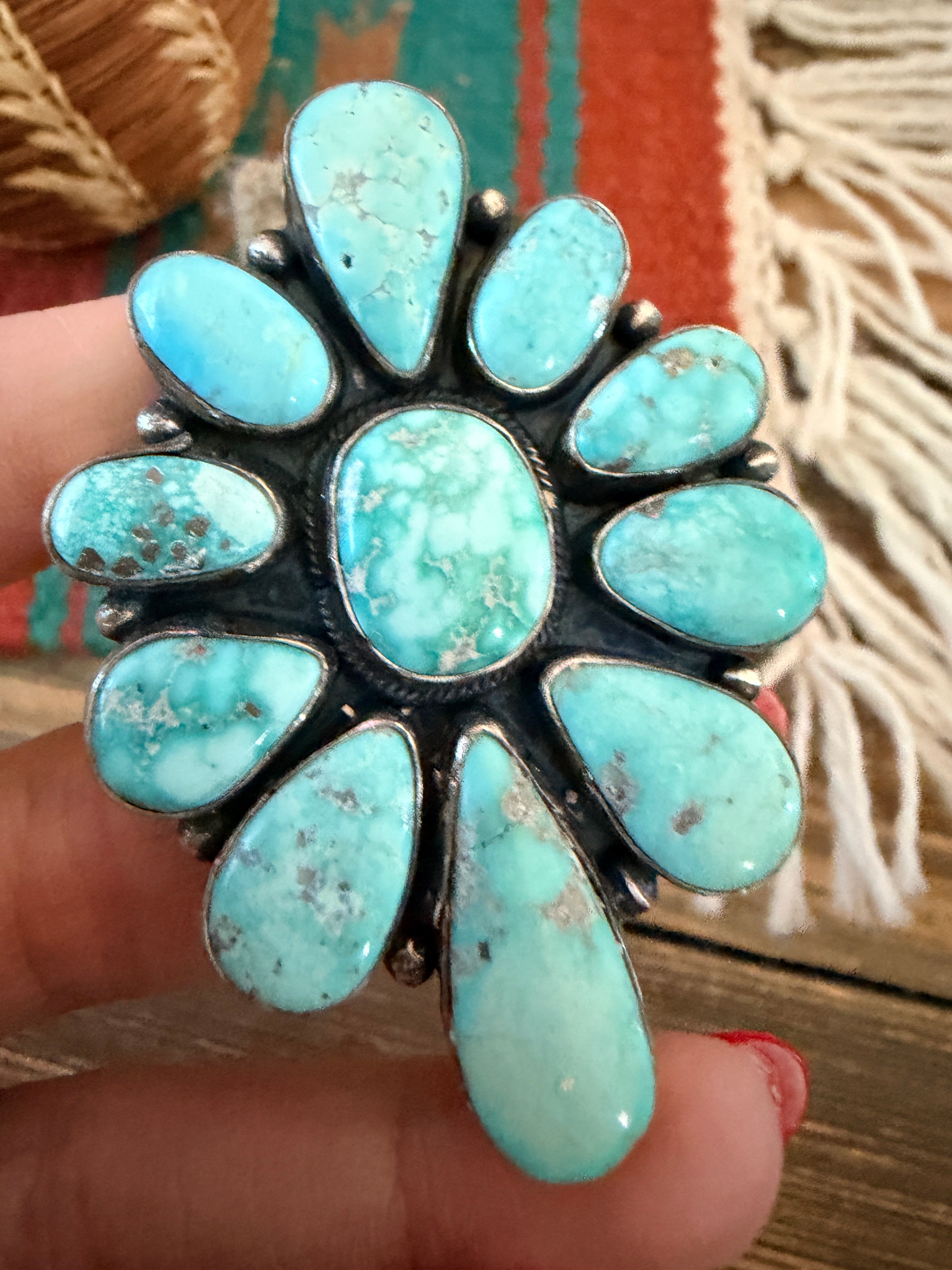 Handcrafted Kingman Turquoise & Sterling Silver Cluster Ring Size 8.5 by Sheila Becenti