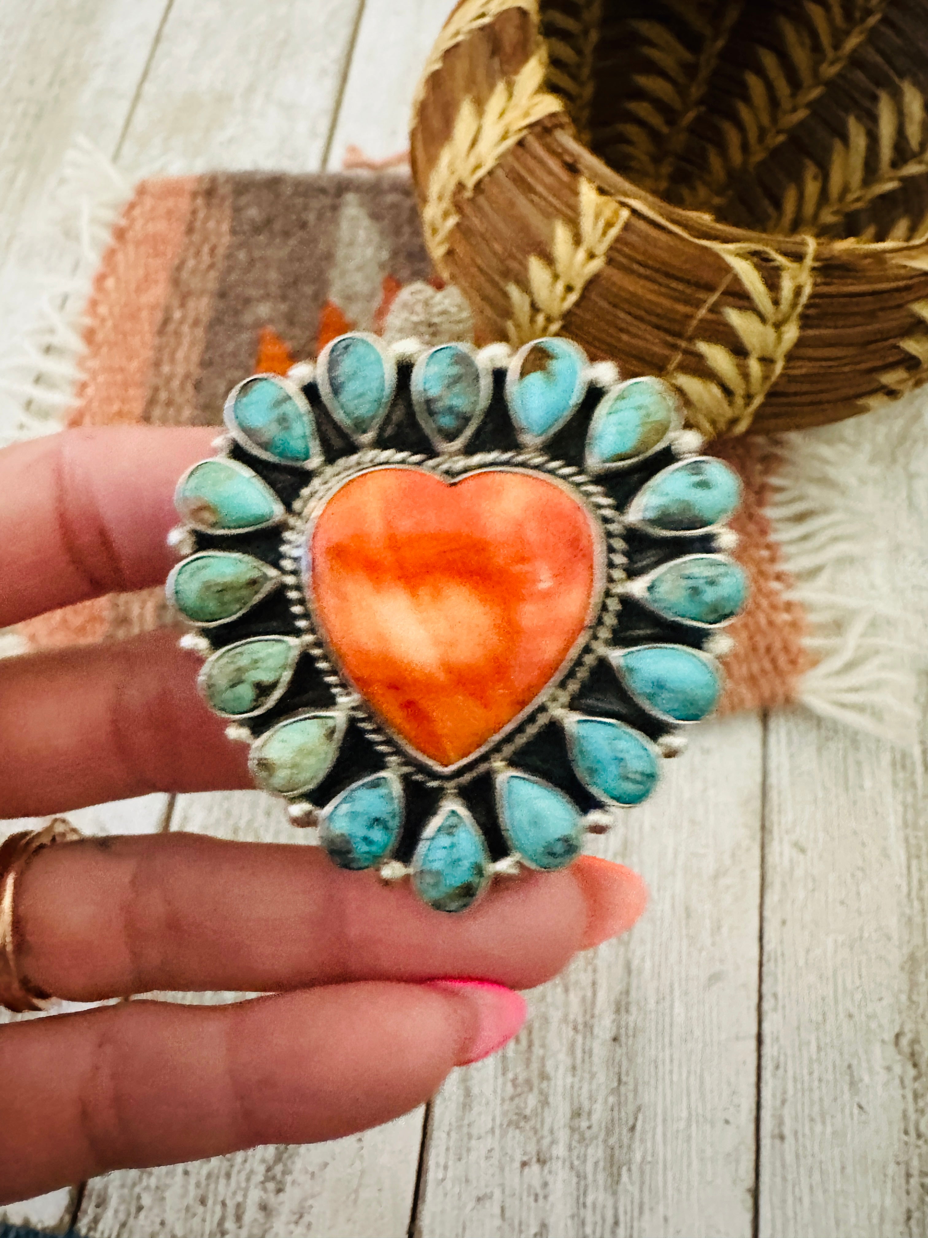 Handcrafted Sterling Silver, Spiny & Turquoise Cluster Adjustable Heart Ring