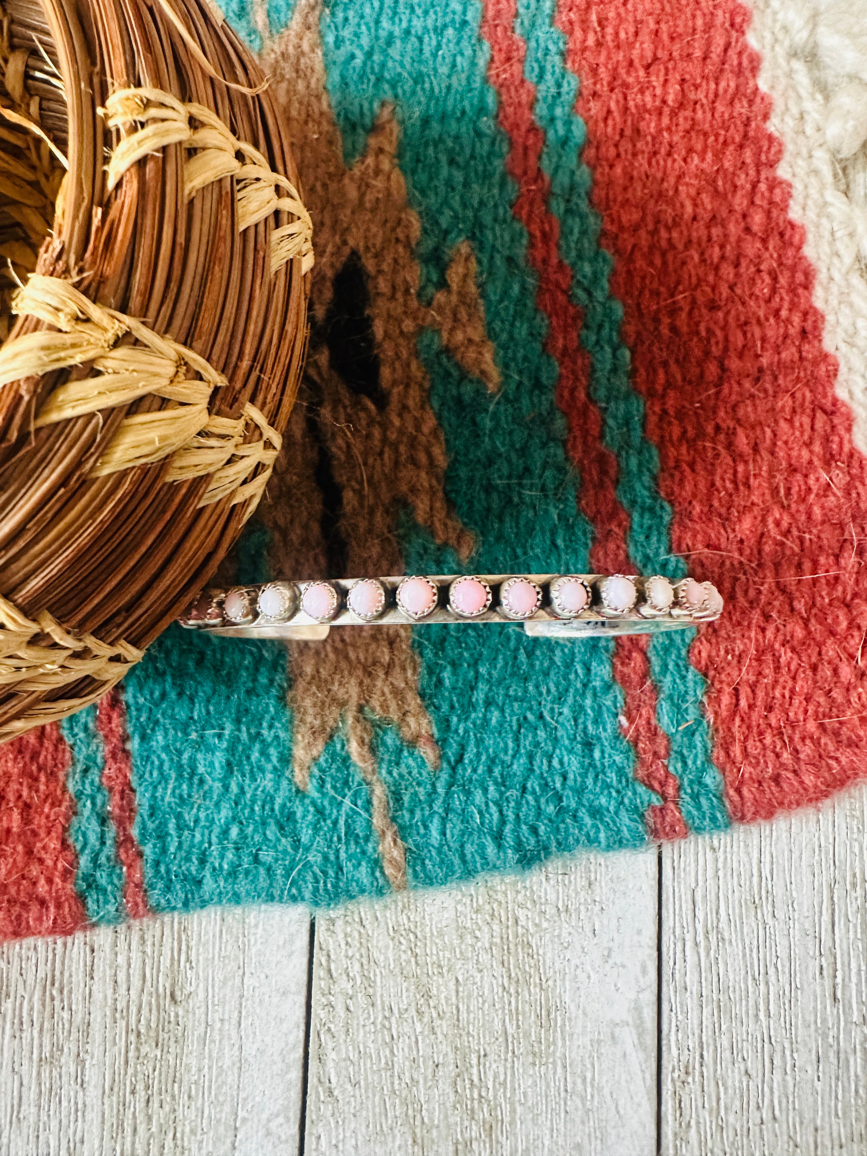 Handcrafted Queen Pink Conch & Sterling Silver Petit Point Cuff Bracelet