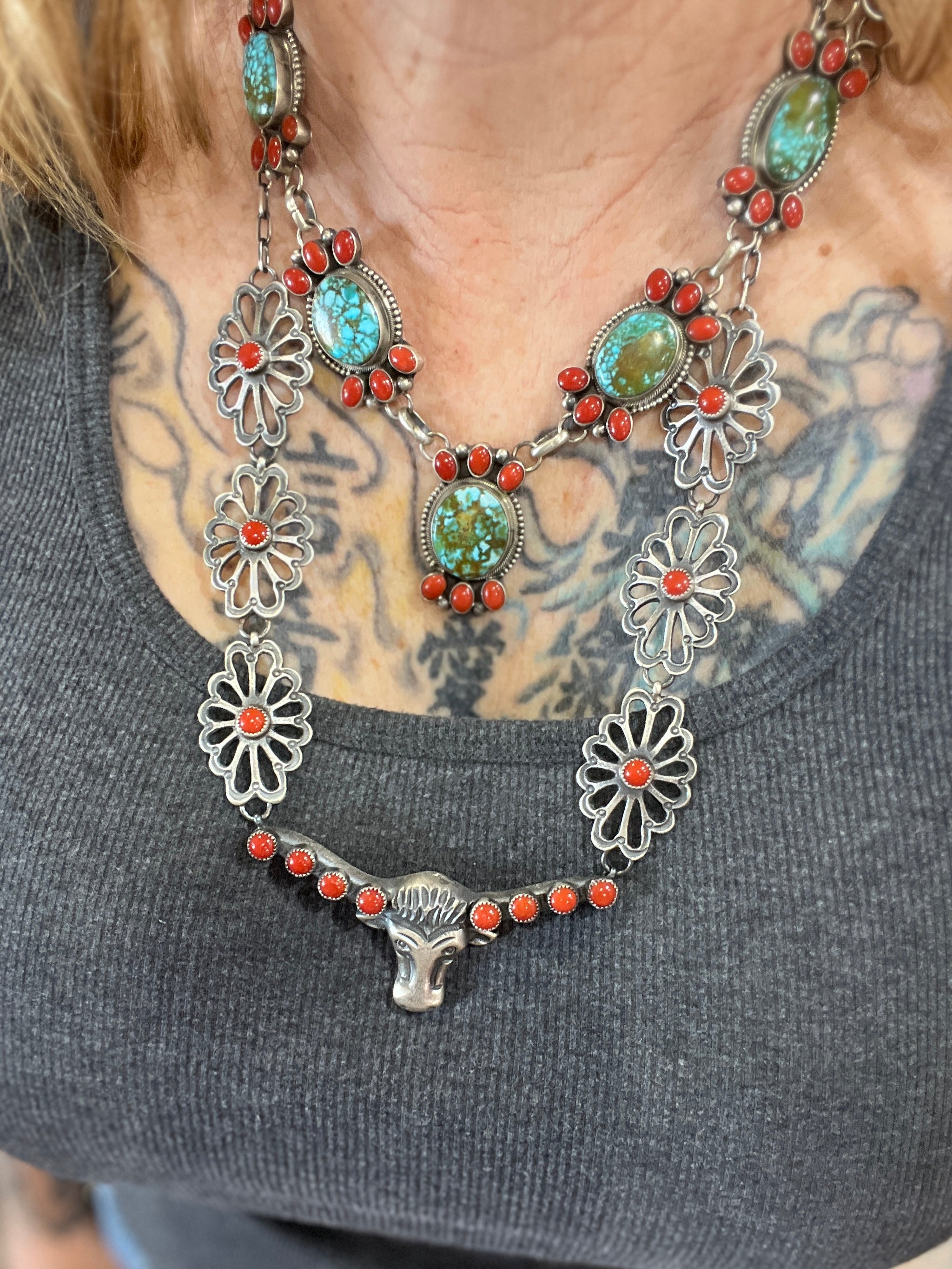 Handcrafted Sterling Silver and Mediterranean Coral Steer Head Concho Necklace & Earrings by Kevin Billah