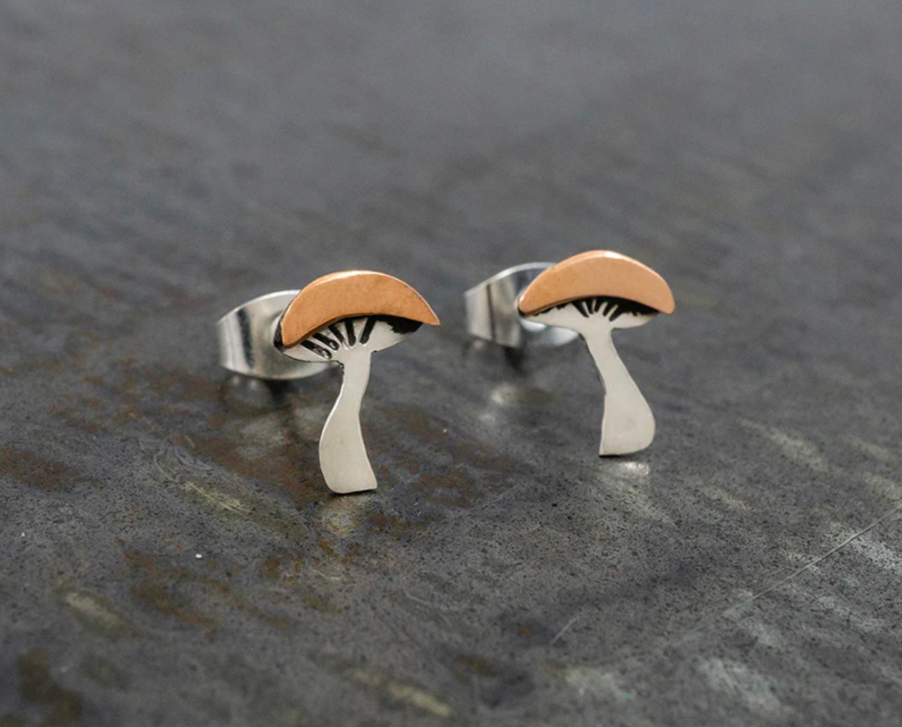 Silver & Copper Mushroom Earrings on Post