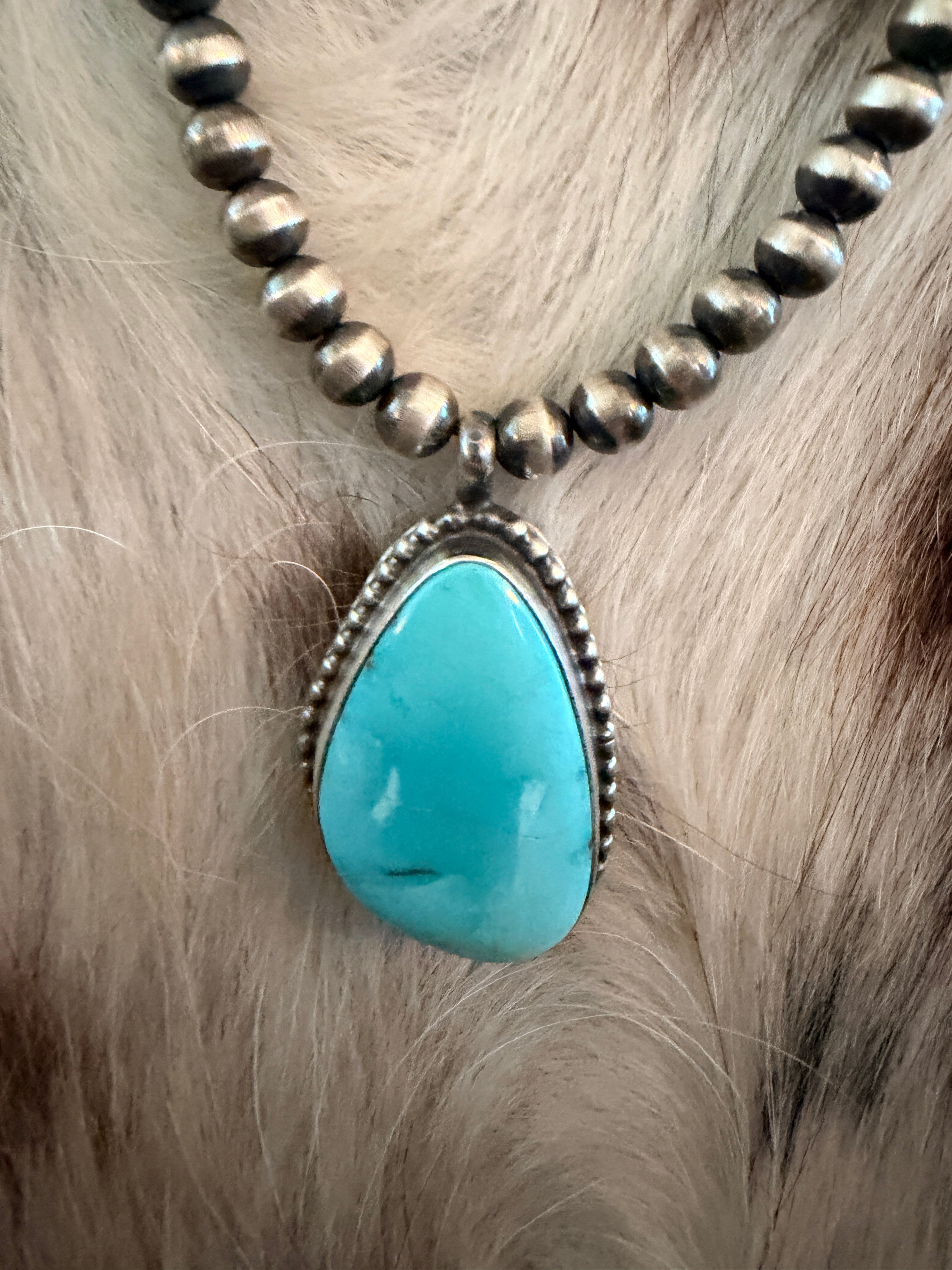 Handcrafted Turquoise & 5mm Sterling Silver Pearl 18” Beaded Necklace