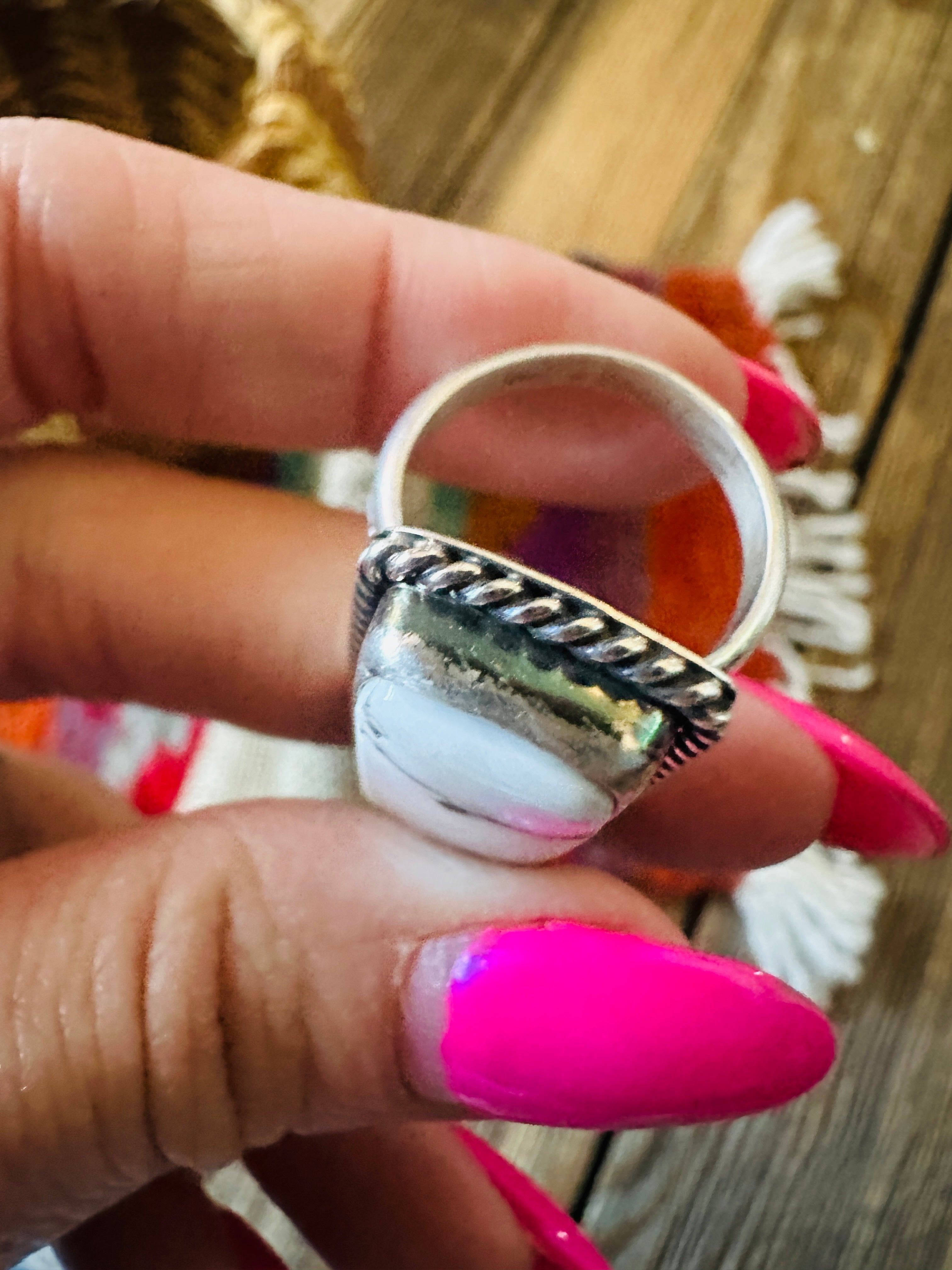 Handcrafted White Buffalo & Sterling Silver Ring Size 6.75