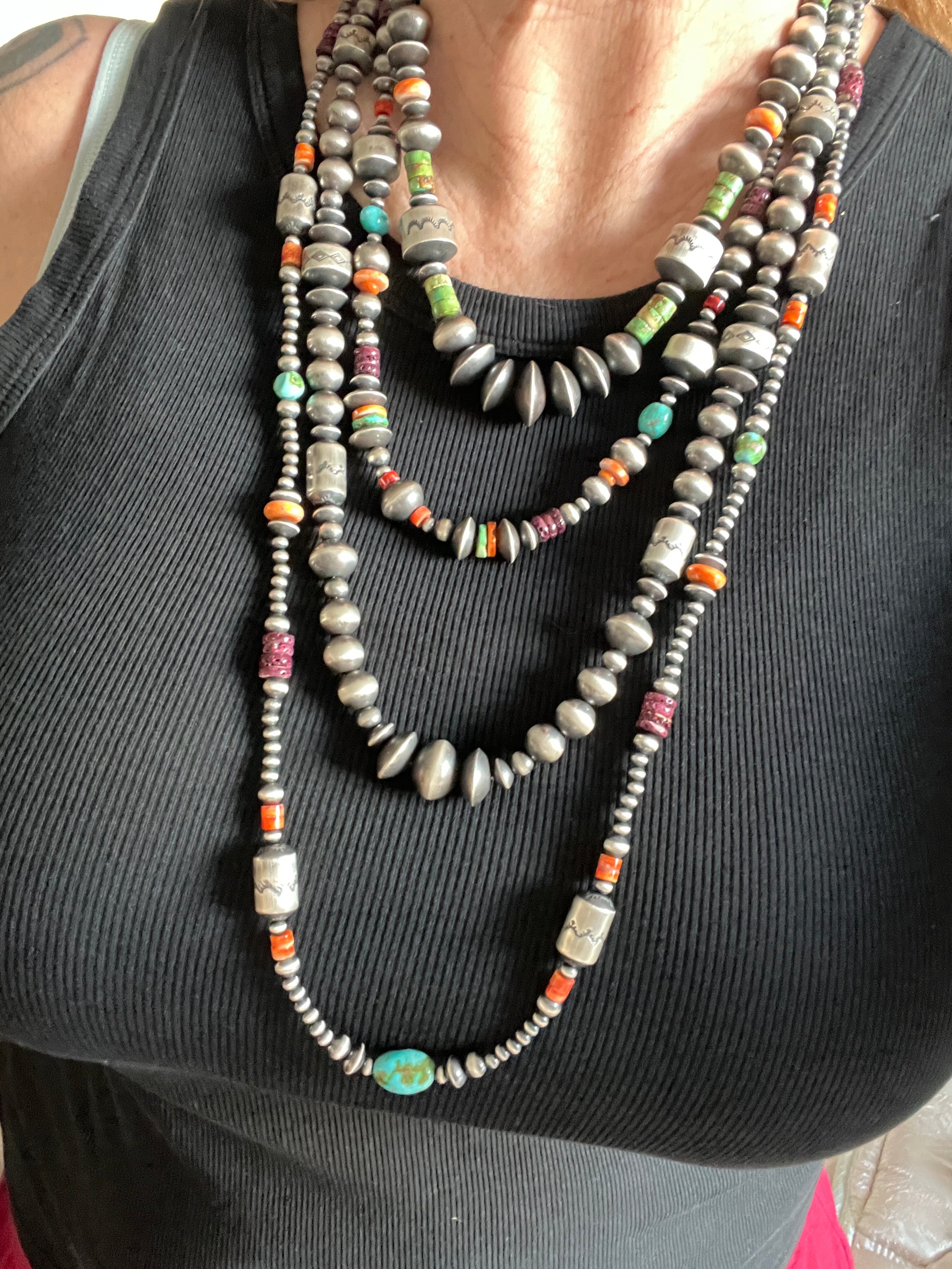 Handcrafted Made Electric Rainbow Sterling Silver, Turquoise and Spiny Oyster Single Strand Beaded Necklace by Rose Martin, X-tra Chunk, 18 + 2 Inches