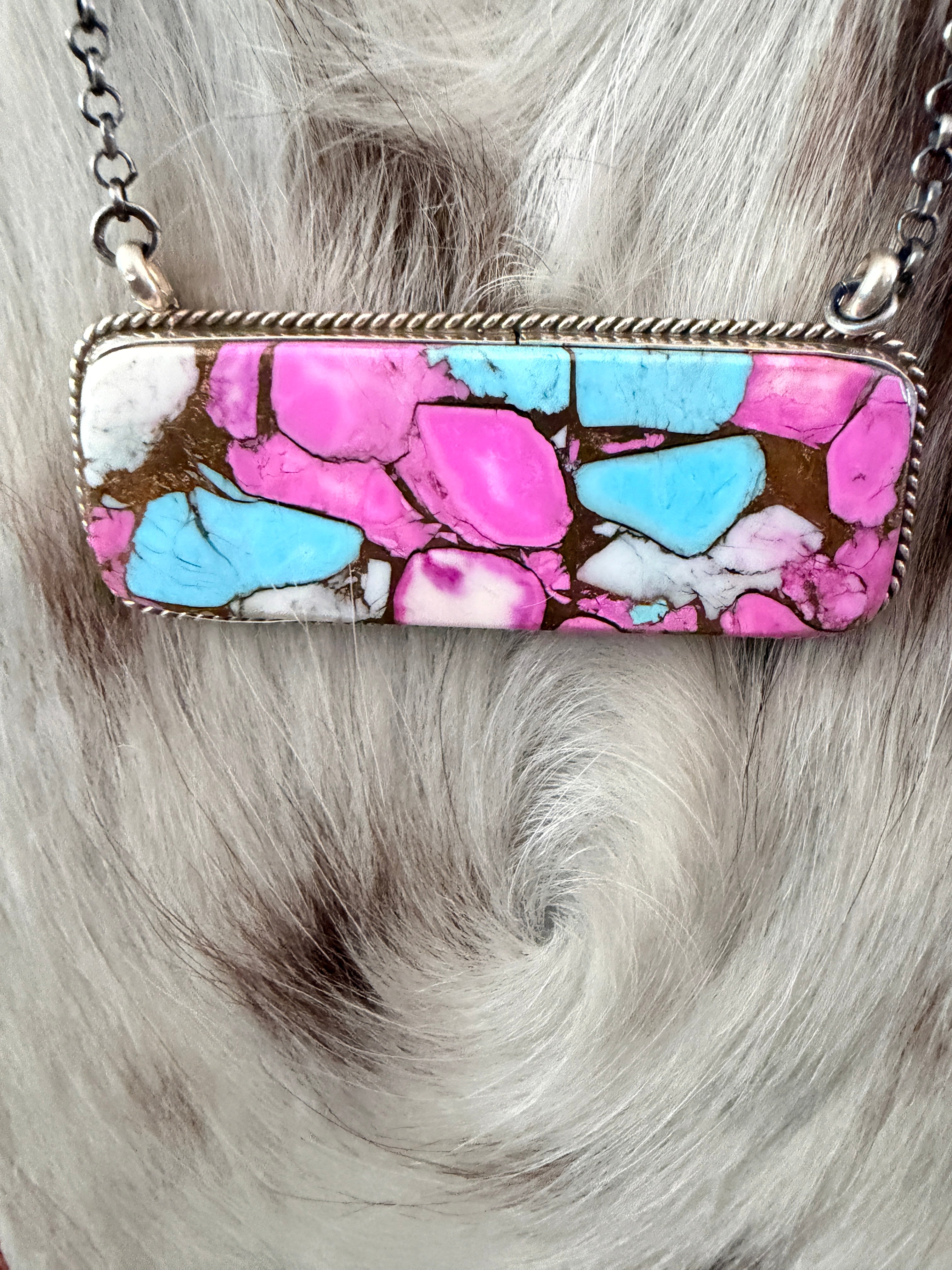 Handcrafted Cotton Candy & Sterling Silver Bar Necklace 18"