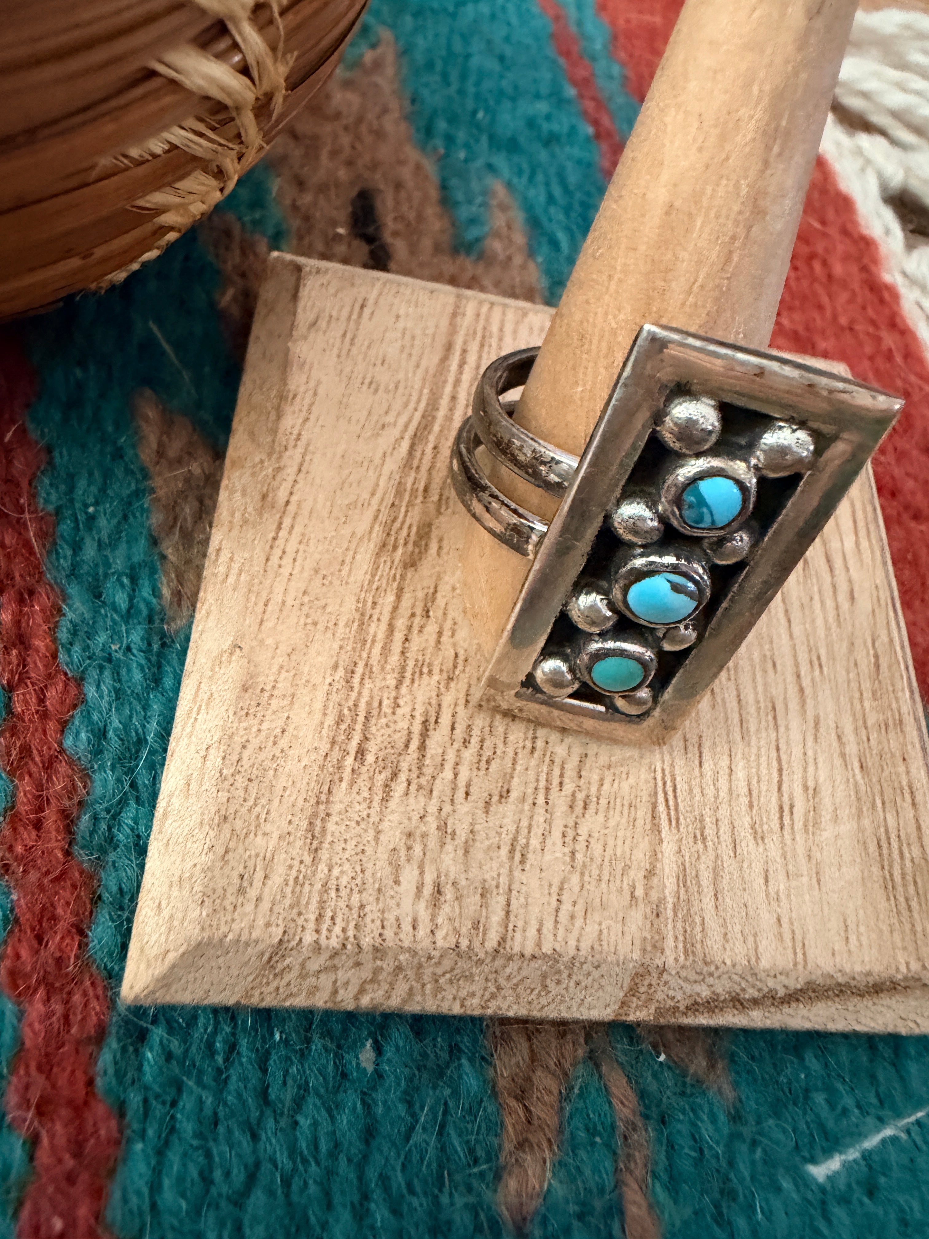Old Pawn Handcrafted Turquoise & Sterling Silver Adjustable Ring