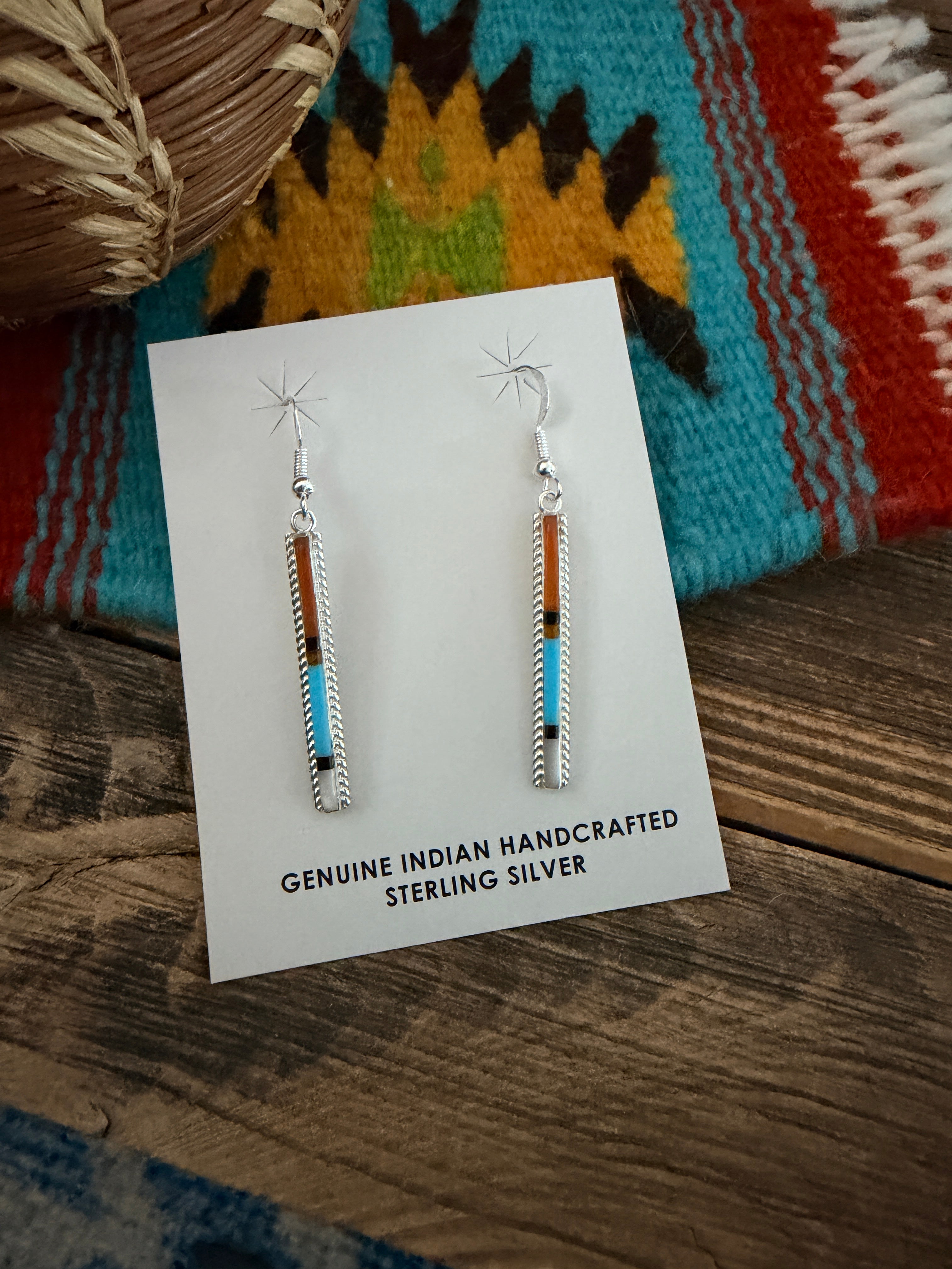 Handcrafted Multi Stone & Sterling Silver Inlay Dangle Earrings by Allen Barney