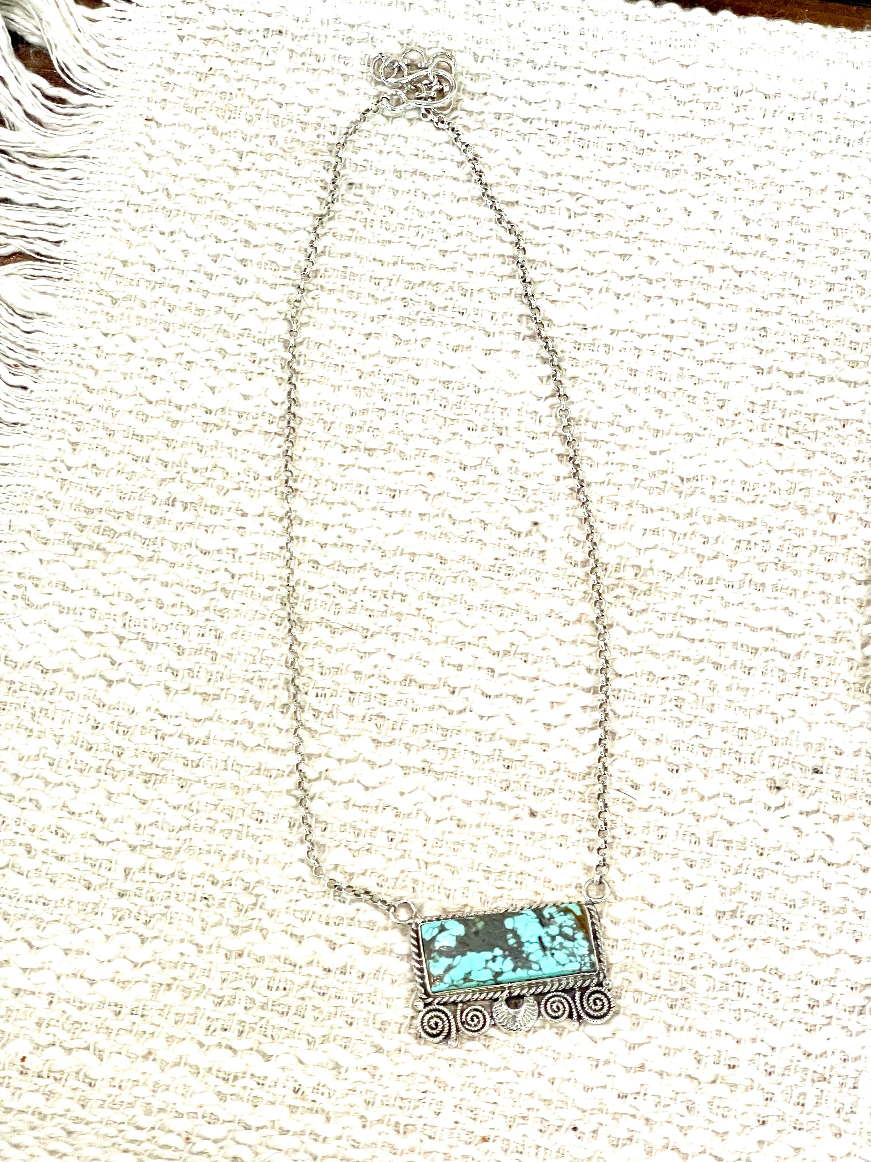 Handmade Sterling Silver Number 8 Turquoise Bar Necklace with Signed Nizhoni