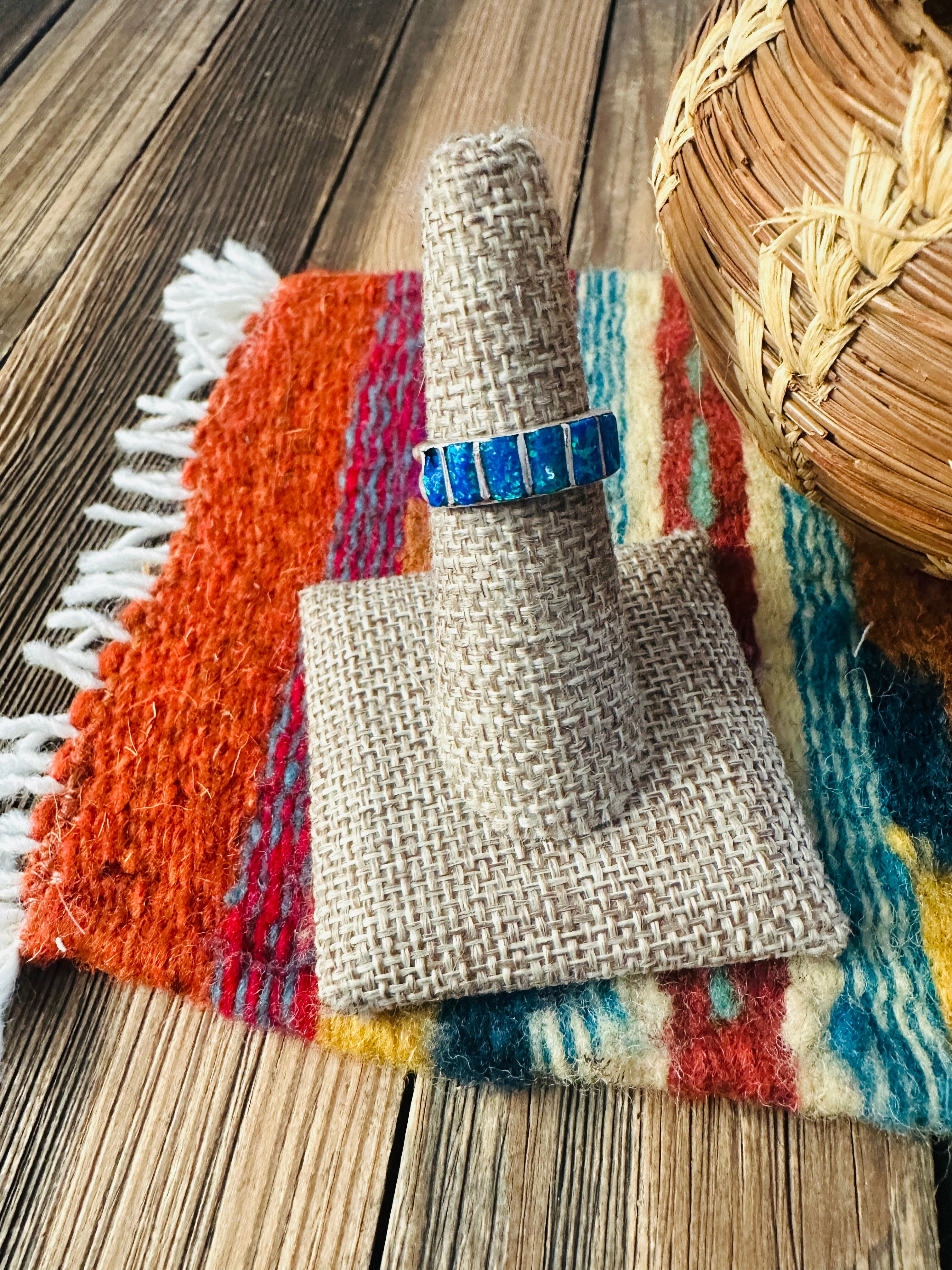 Handcrafted Sterling Silver & Blue Opal Inlay Ring Size 6.5