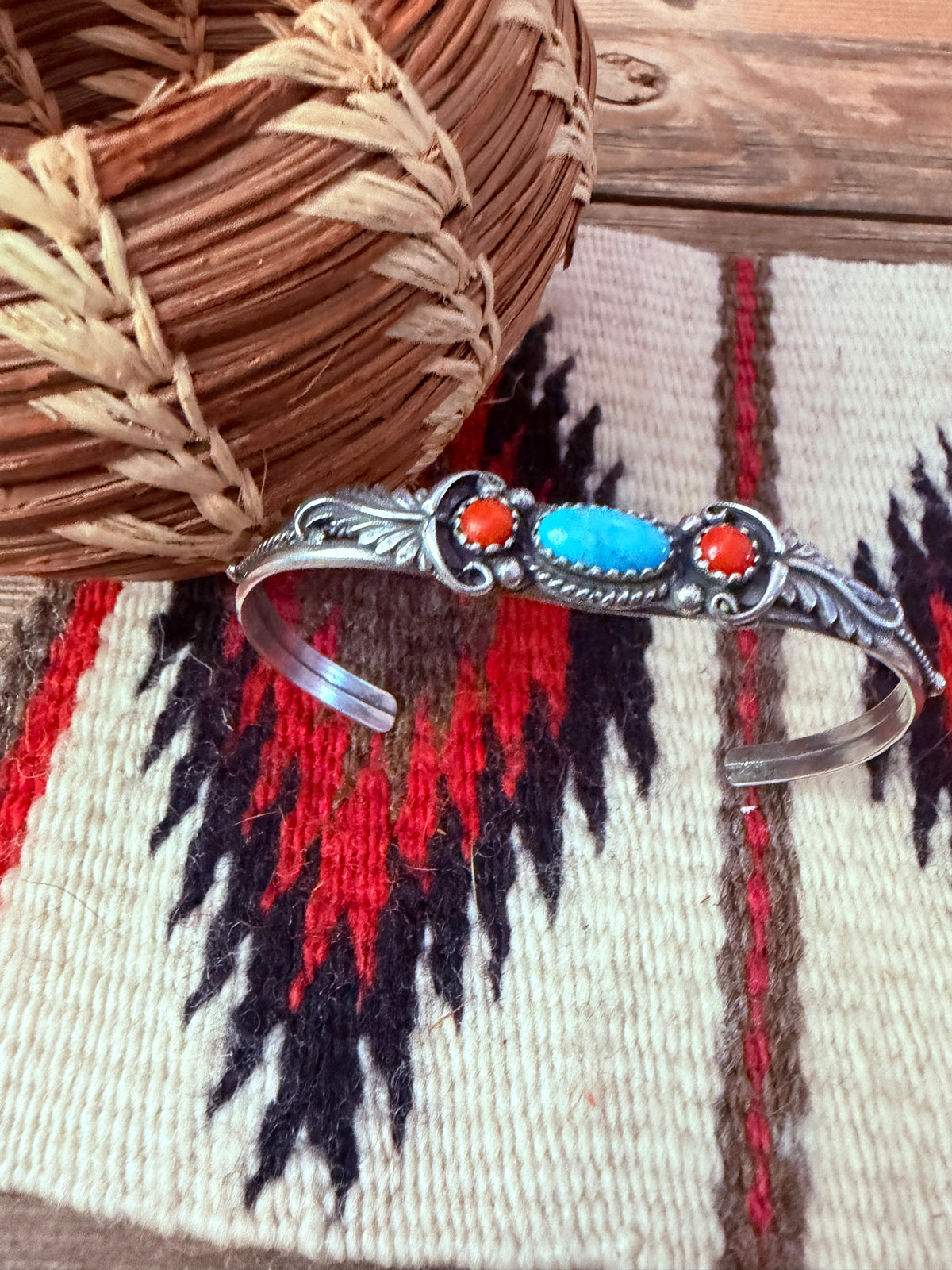 Handcrafted Turquoise, Coral & Sterling Silver Cuff Bracelet