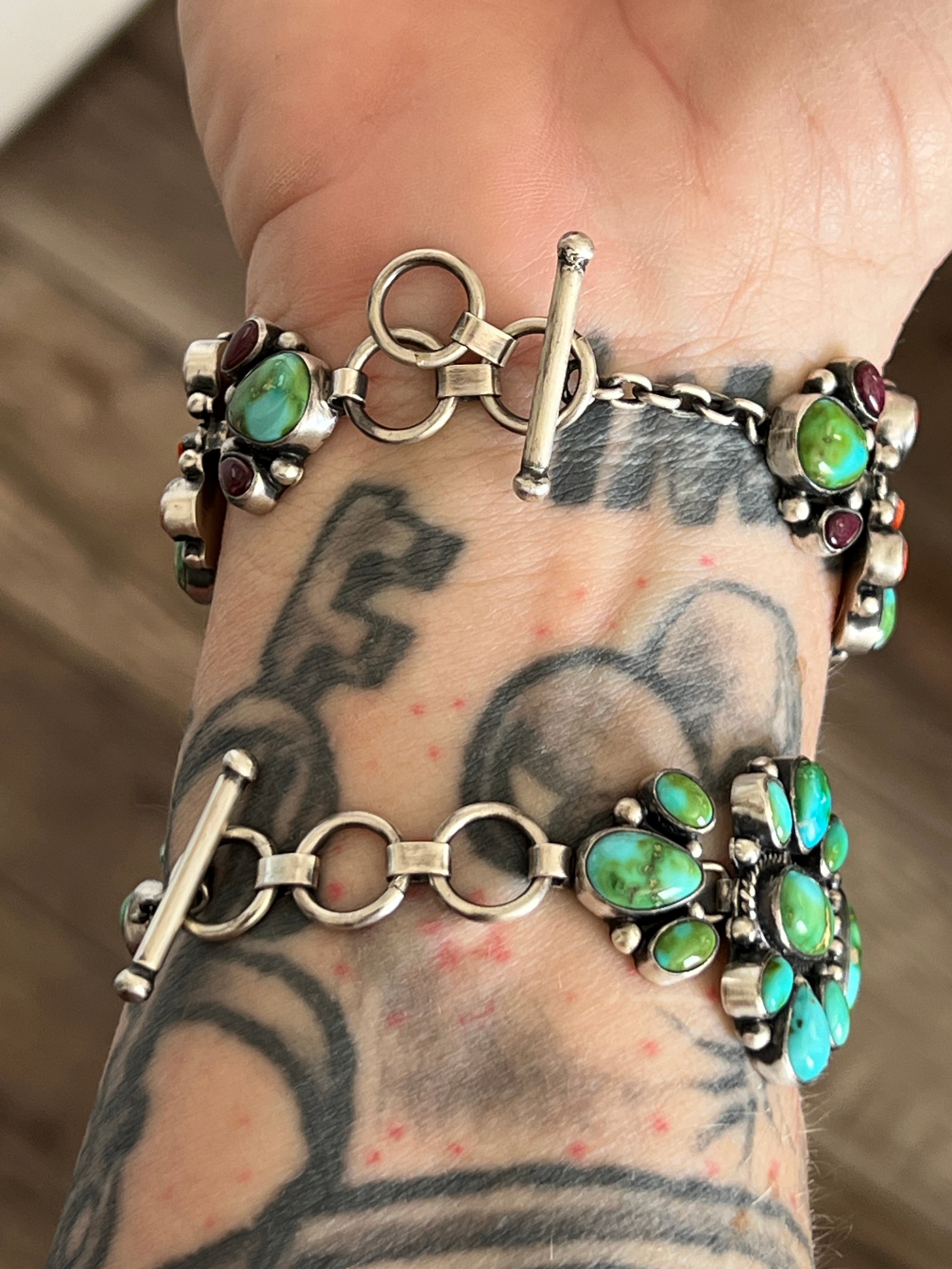 Stunning Sterling Silver, Sonoran Mountain Turquoise and Spiny Oyster Shell Cluster Link Bracelets by Diane Wylie