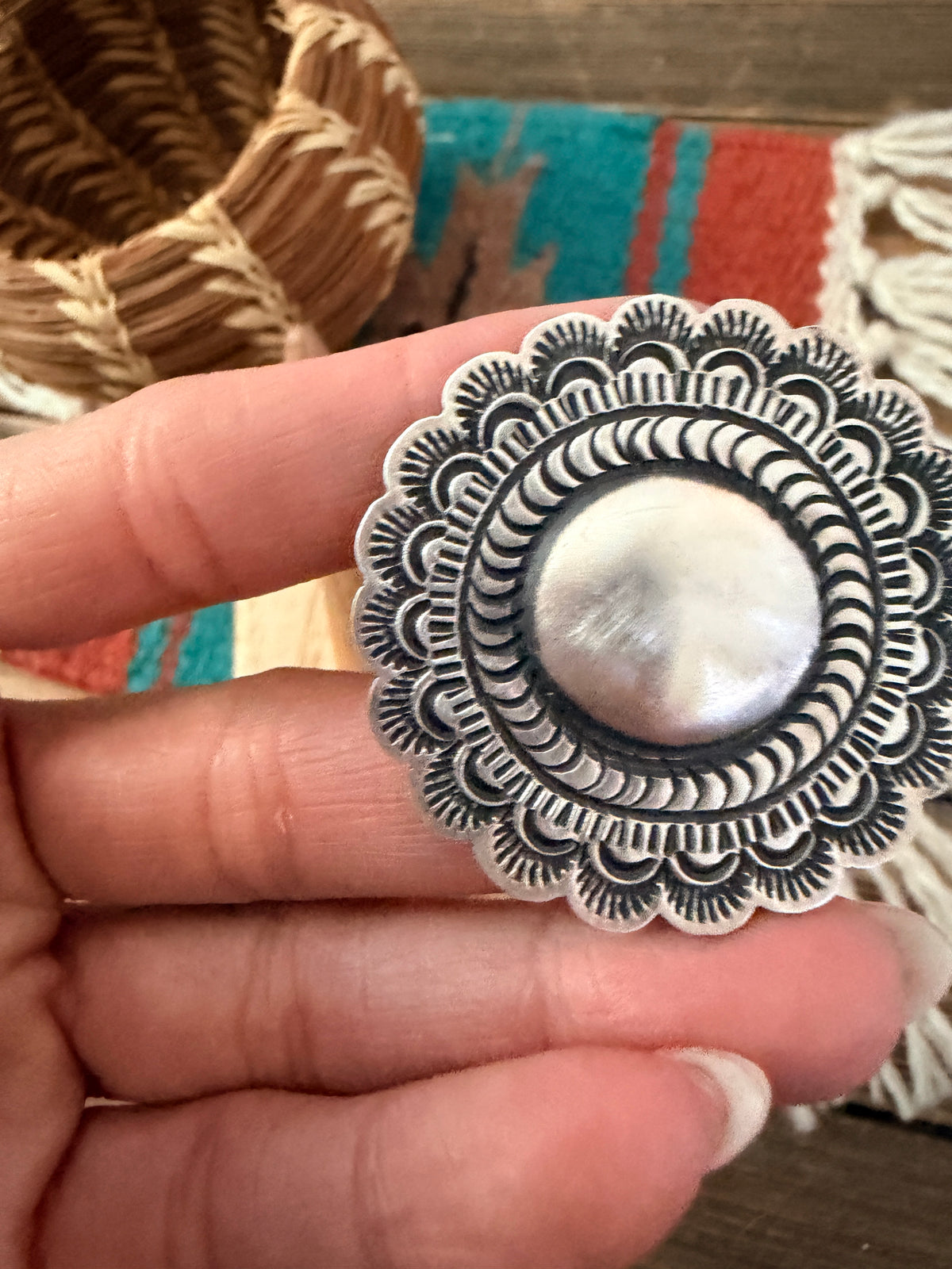 Handcrafted Sterling Silver Adjustable Concho Ring by Leander Tahe