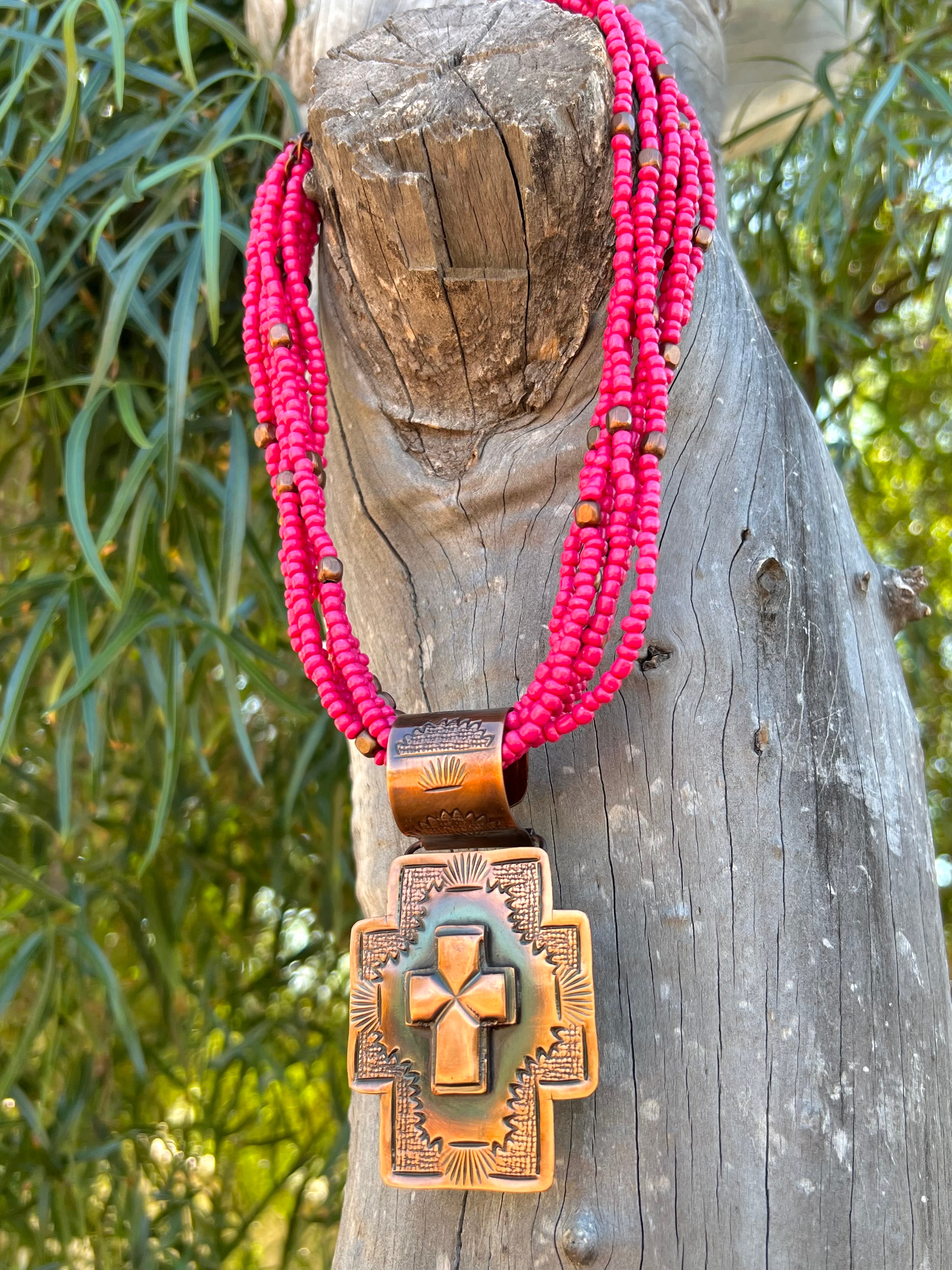 Copper Cross Pendant on Hot Pink Beaded Necklace