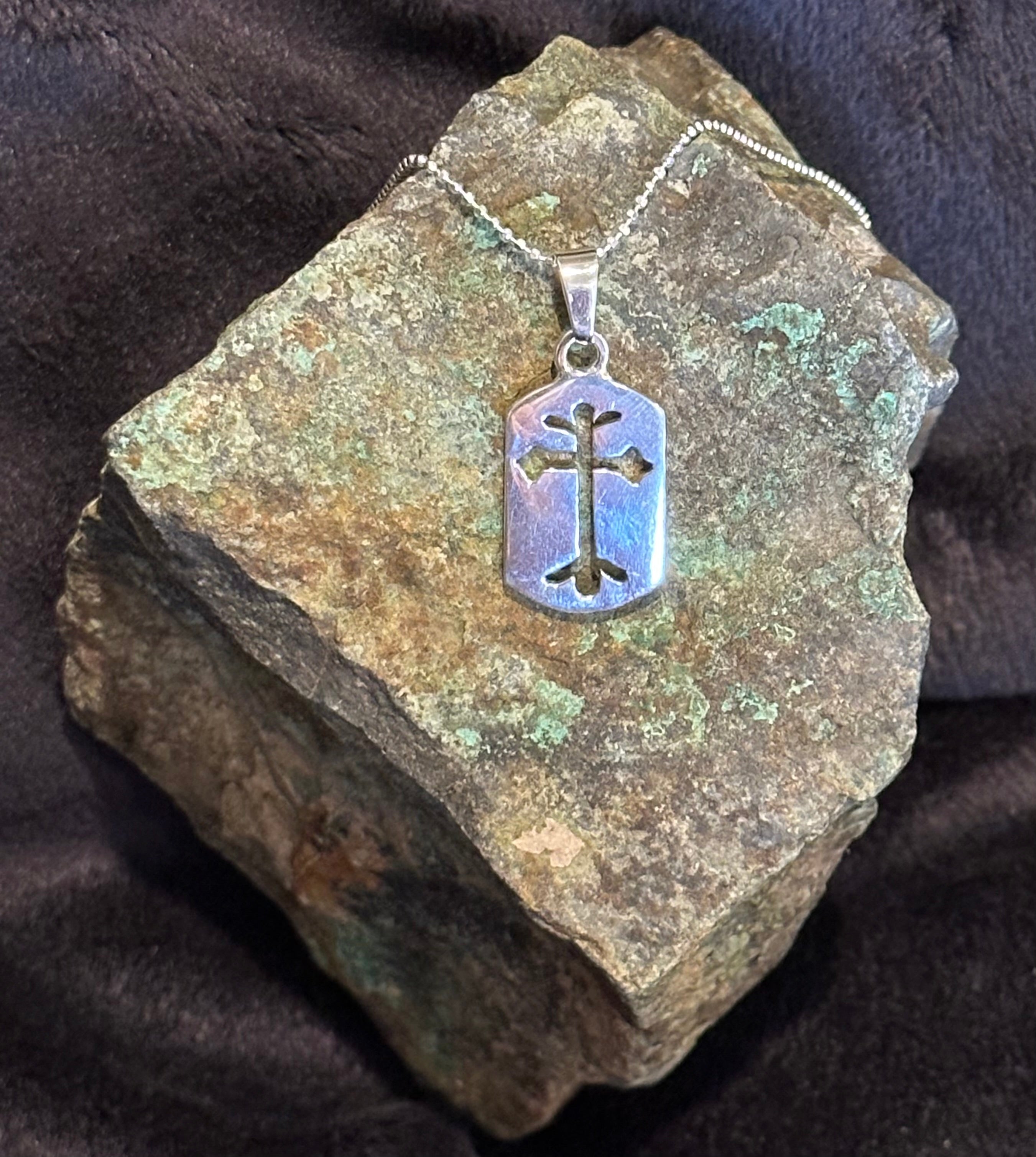 Dog Tag Cross Sterling Silver Pendant Necklace