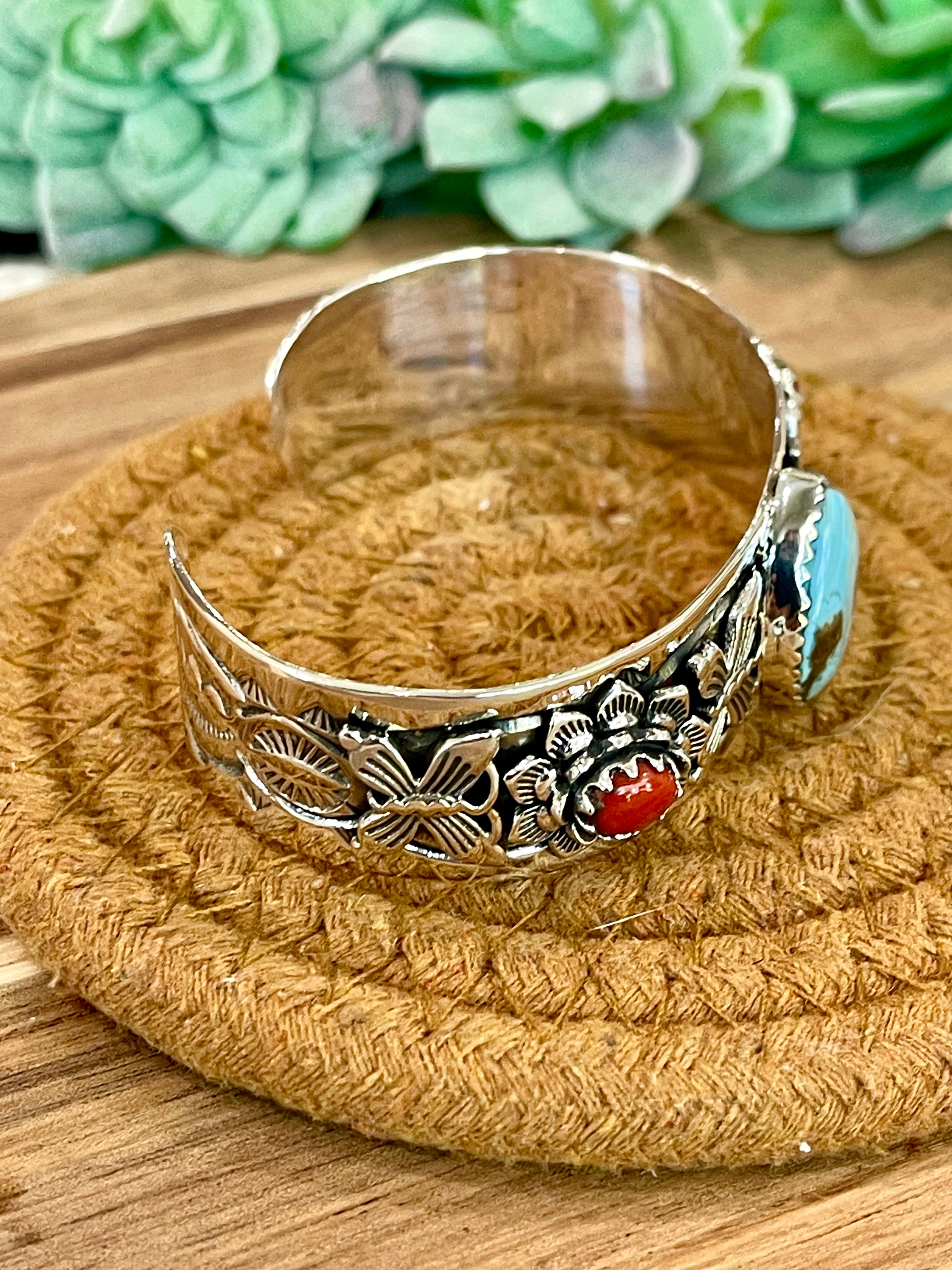 Handmade Sterling Silver Golden Hills Turquoise & Coral Cuff Bracelet with Signed Nizhoni