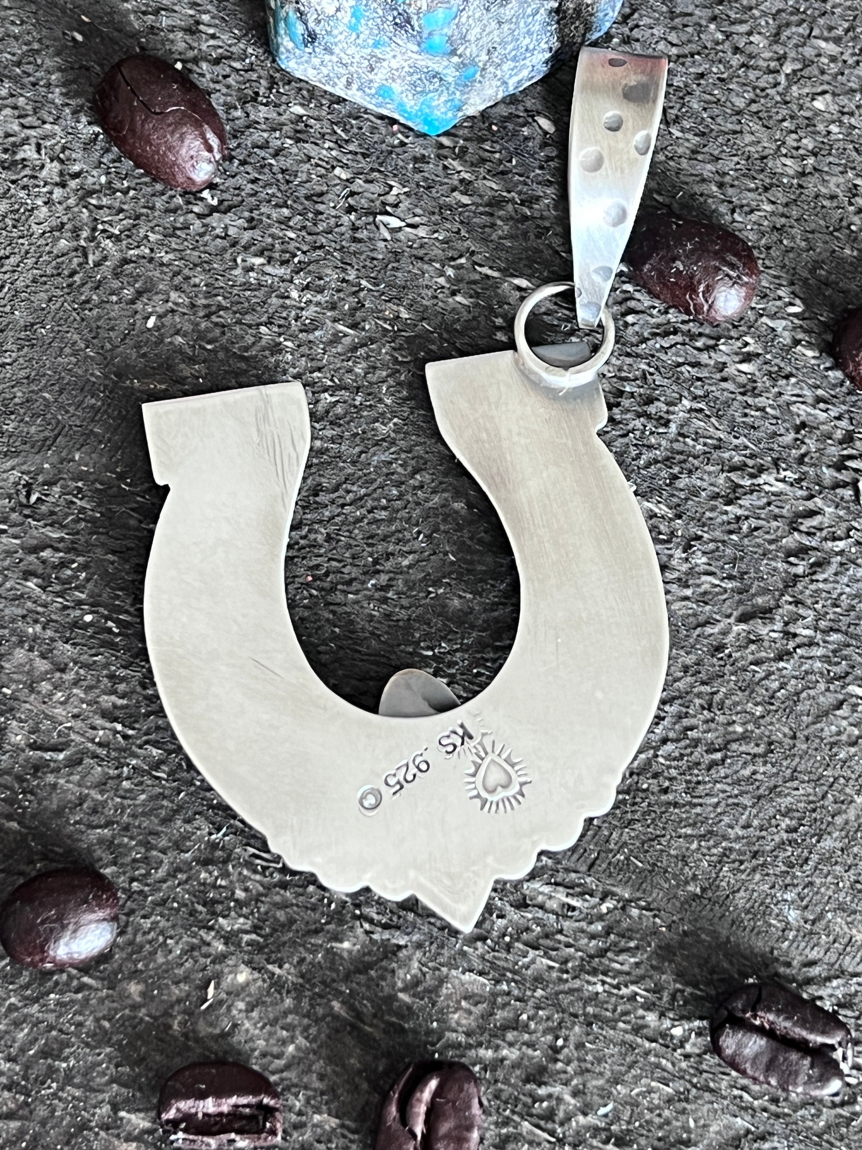 Kimari Somers Hand Stamped Sterling Silver Star Horseshoe Pendant with Brass Accents & Royston Turquoise