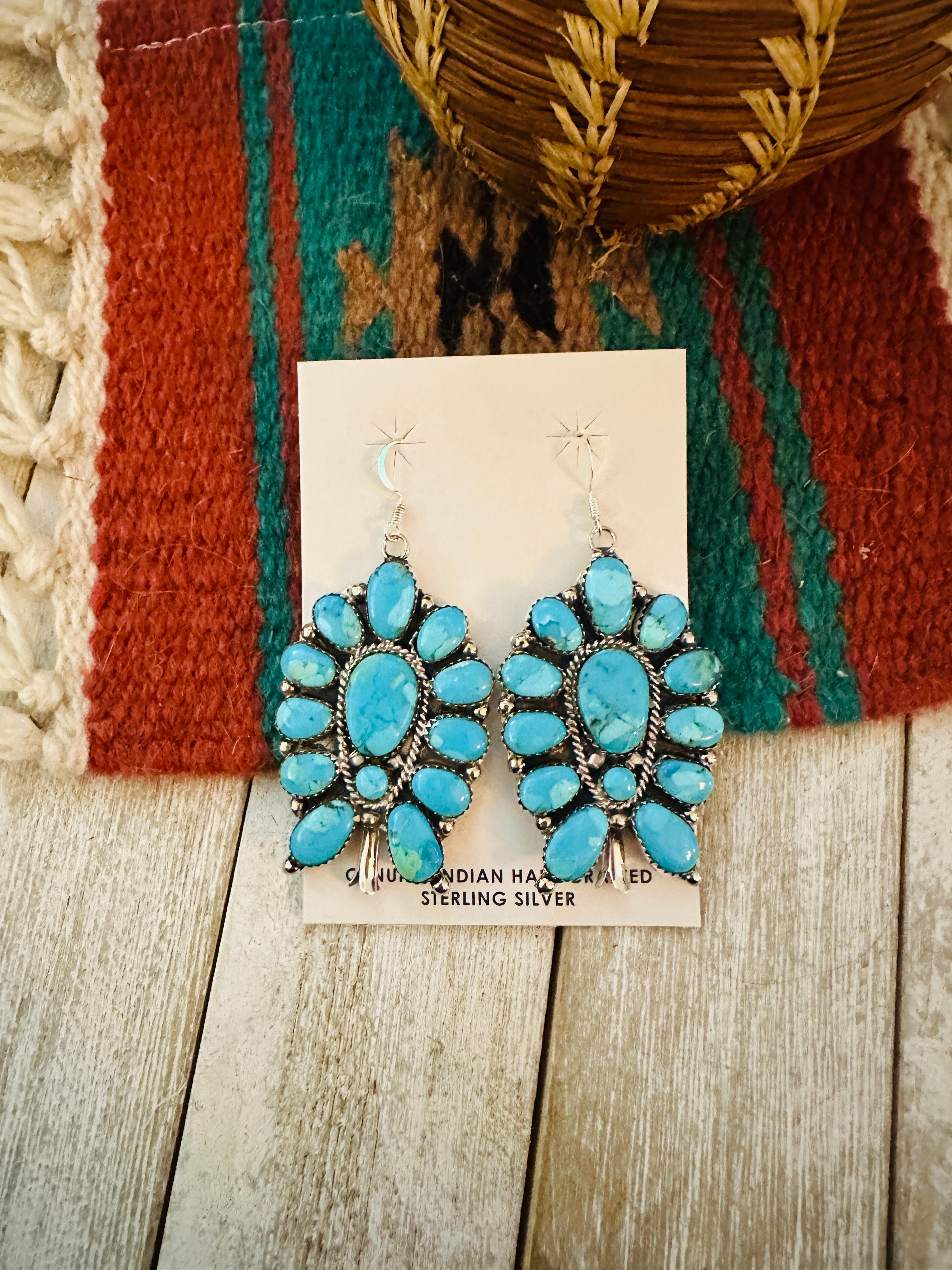 Handcrafted Sterling Silver & Turquoise Cluster Blossom Dangle Earrings
