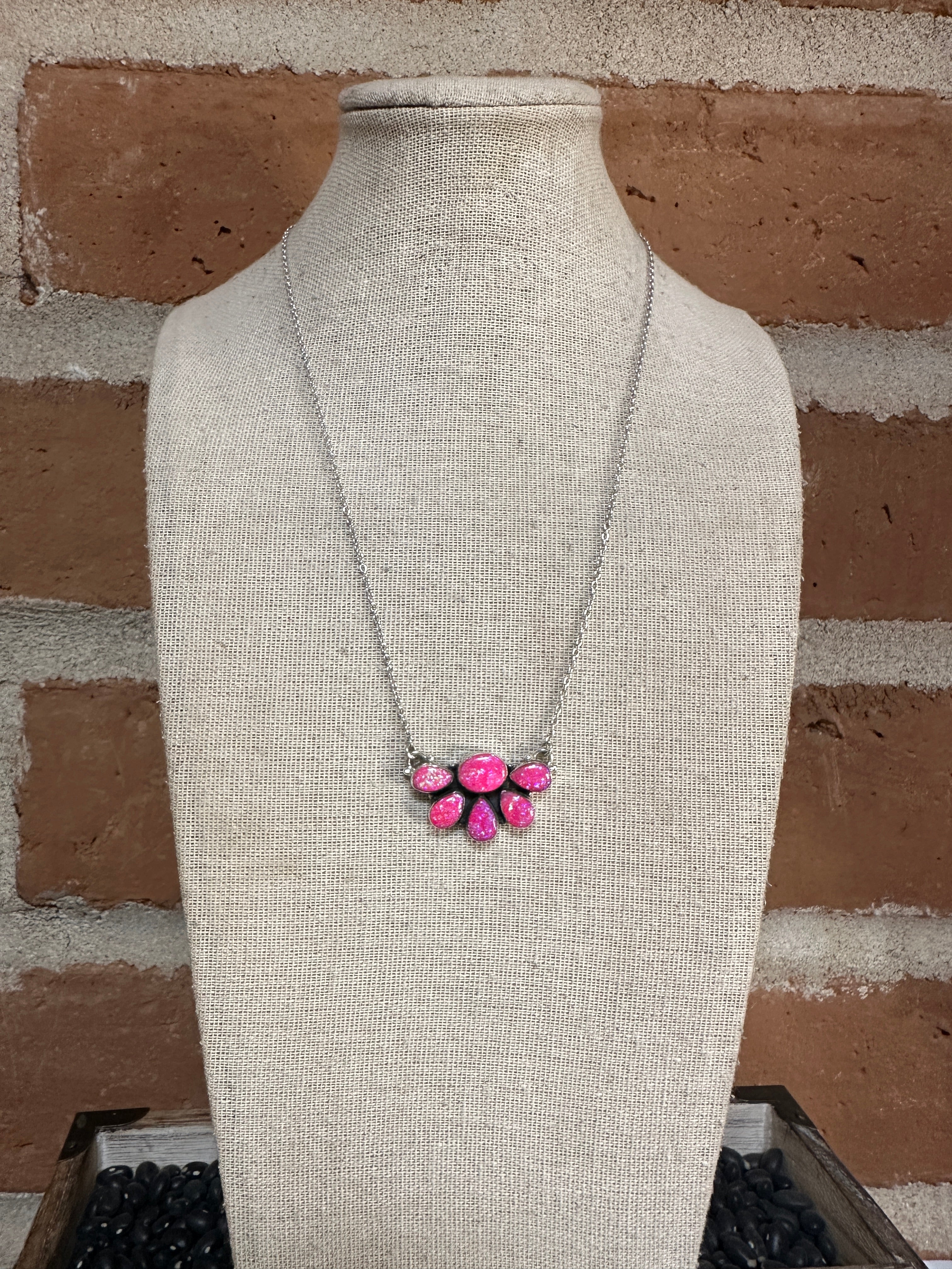 Handmade Sterling Silver & Hot Pink Fire Opal Crescent Necklace