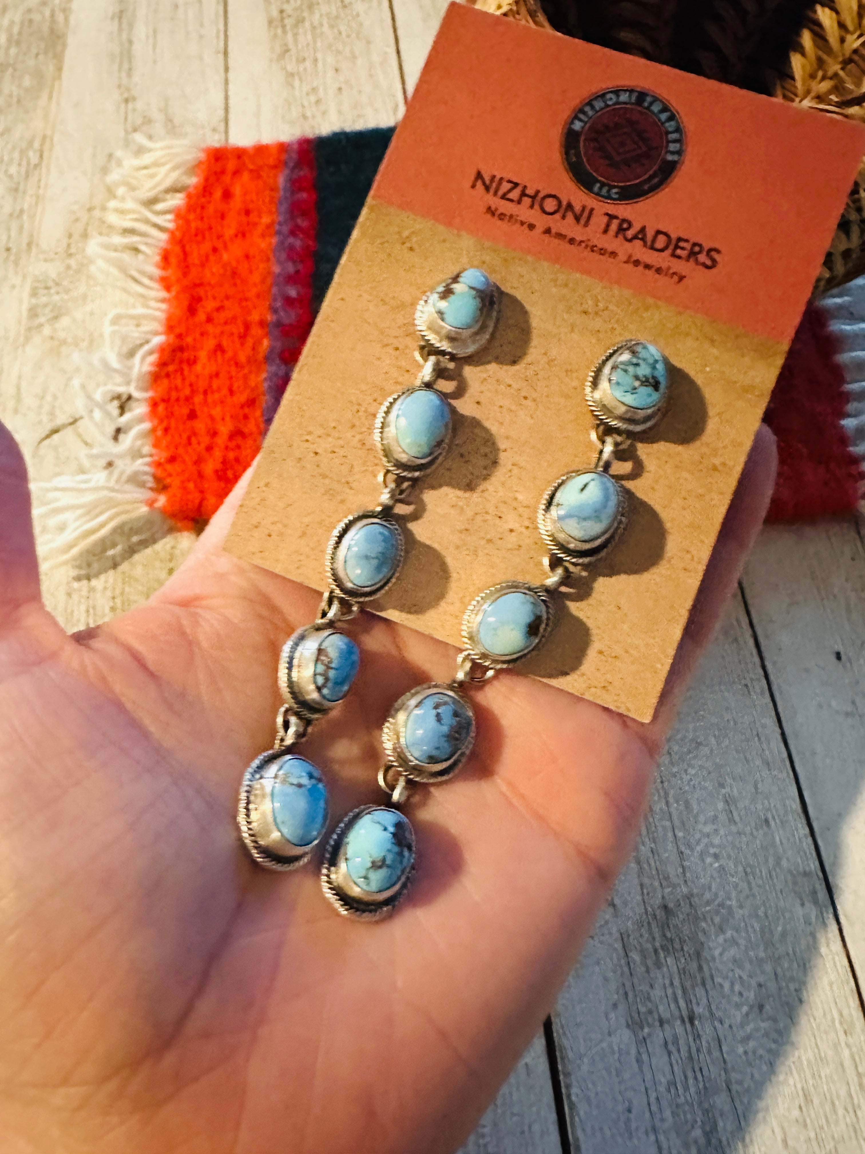 Navajo Golden Hills Turquoise & Sterling Silver Cluster Dangle Earrings Signed