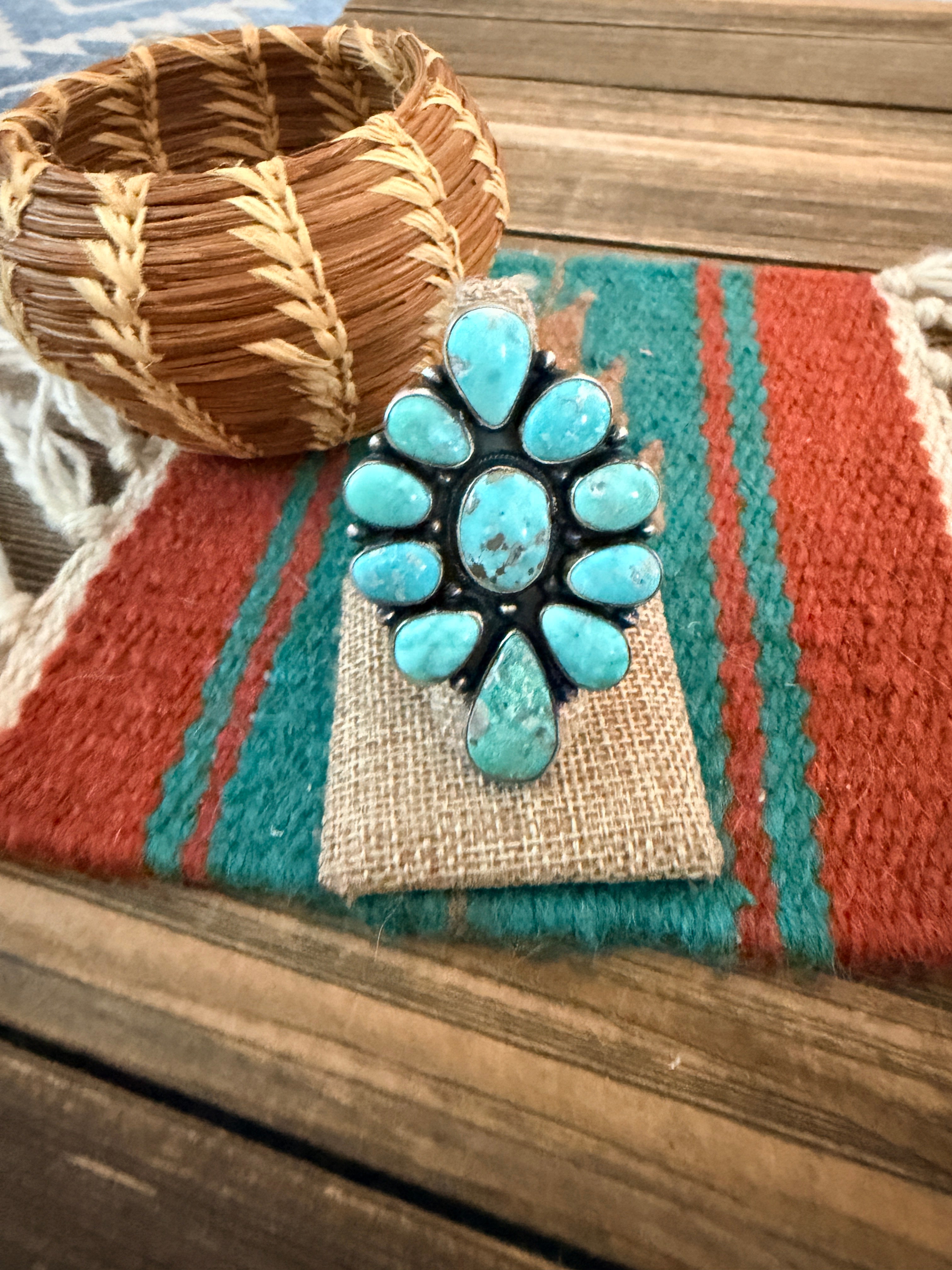 Handcrafted Kingman Turquoise & Sterling Silver Cluster Ring Size 8.25 by Sheila Becenti