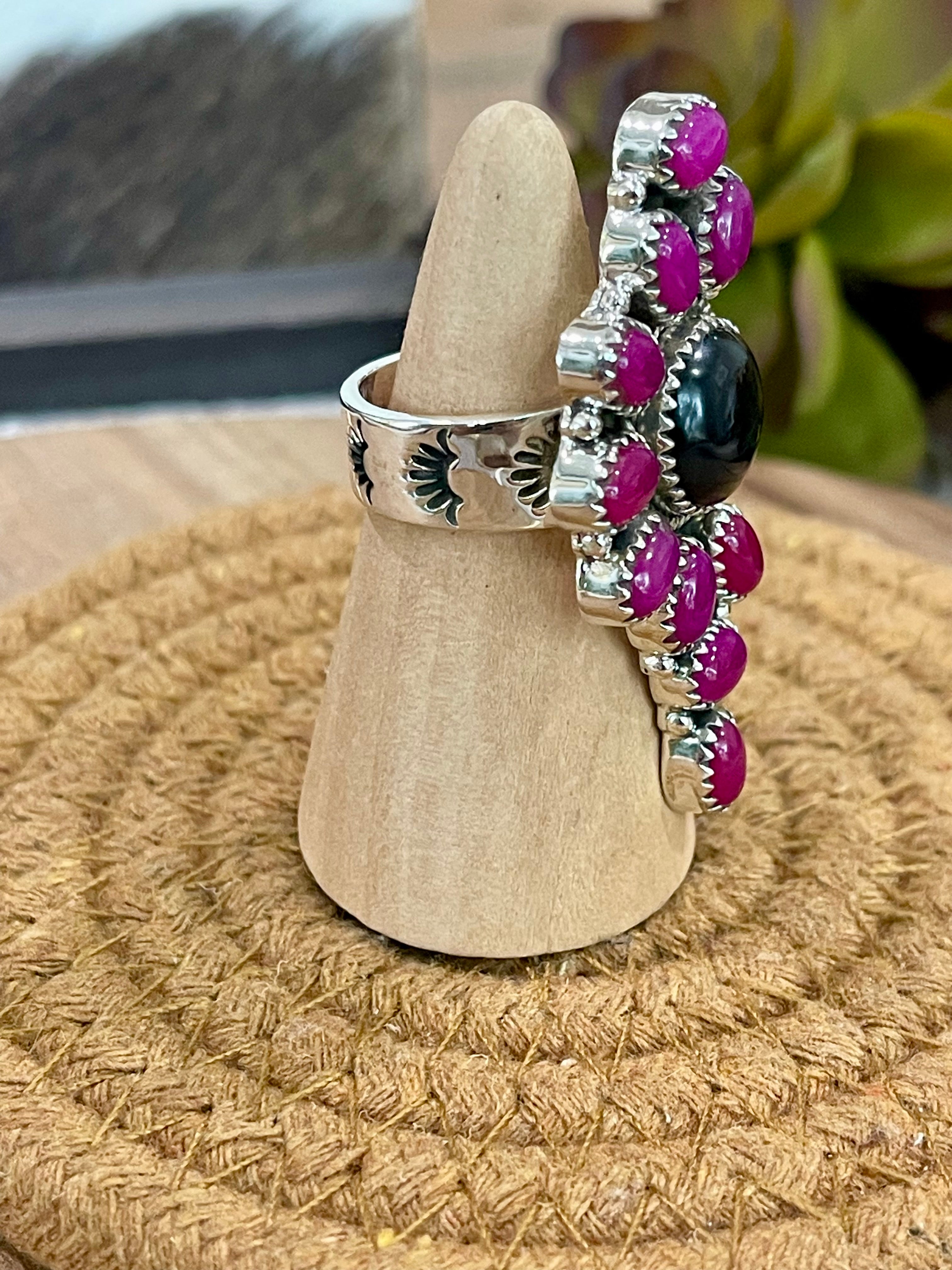 Handmade Sterling Silver, Onyx & Pink Onyx Cluster Adjustable Ring