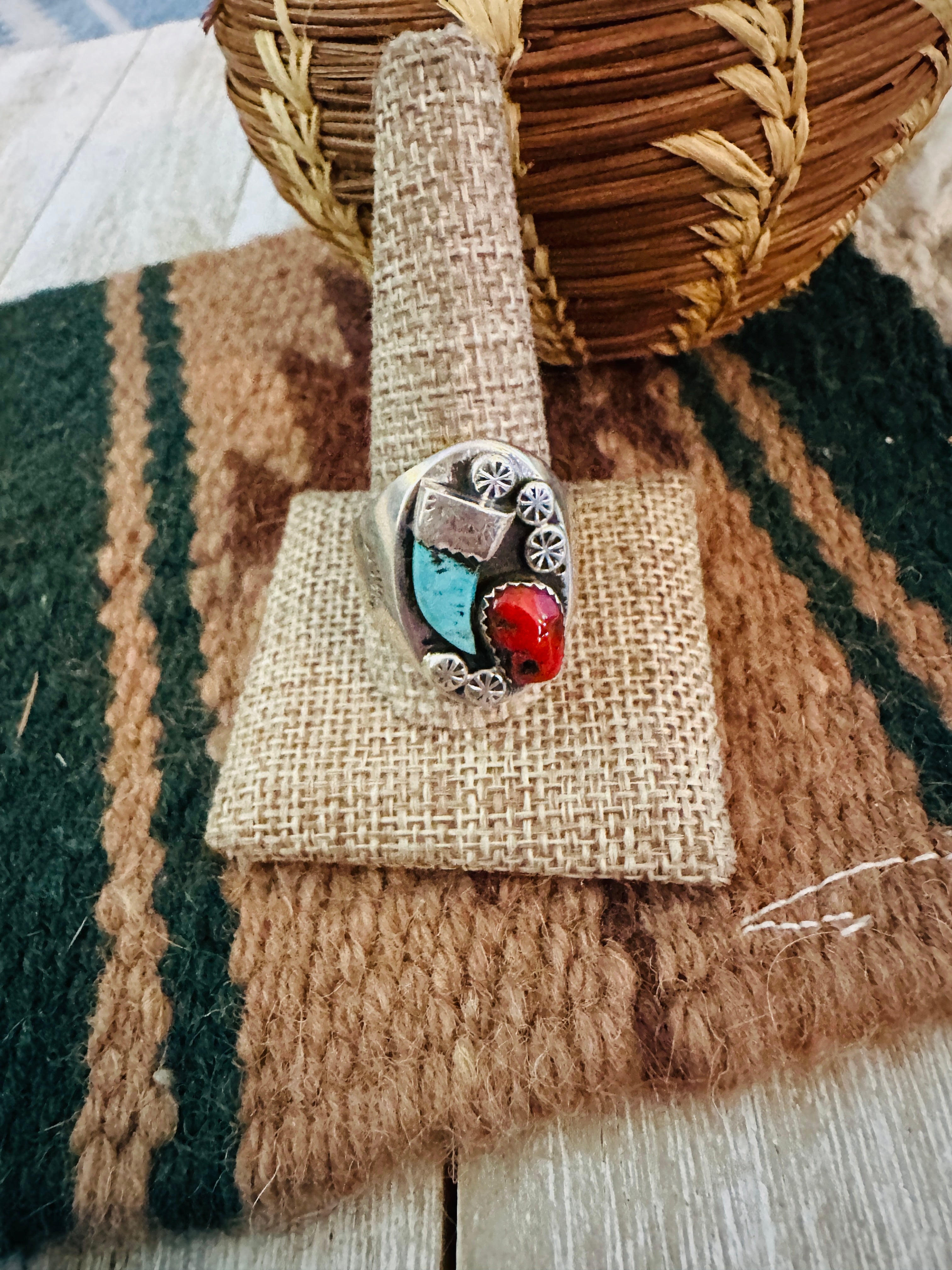 Old Pawn Handcrafted Turquoise, Coral & Sterling Silver Ring Size 12.5