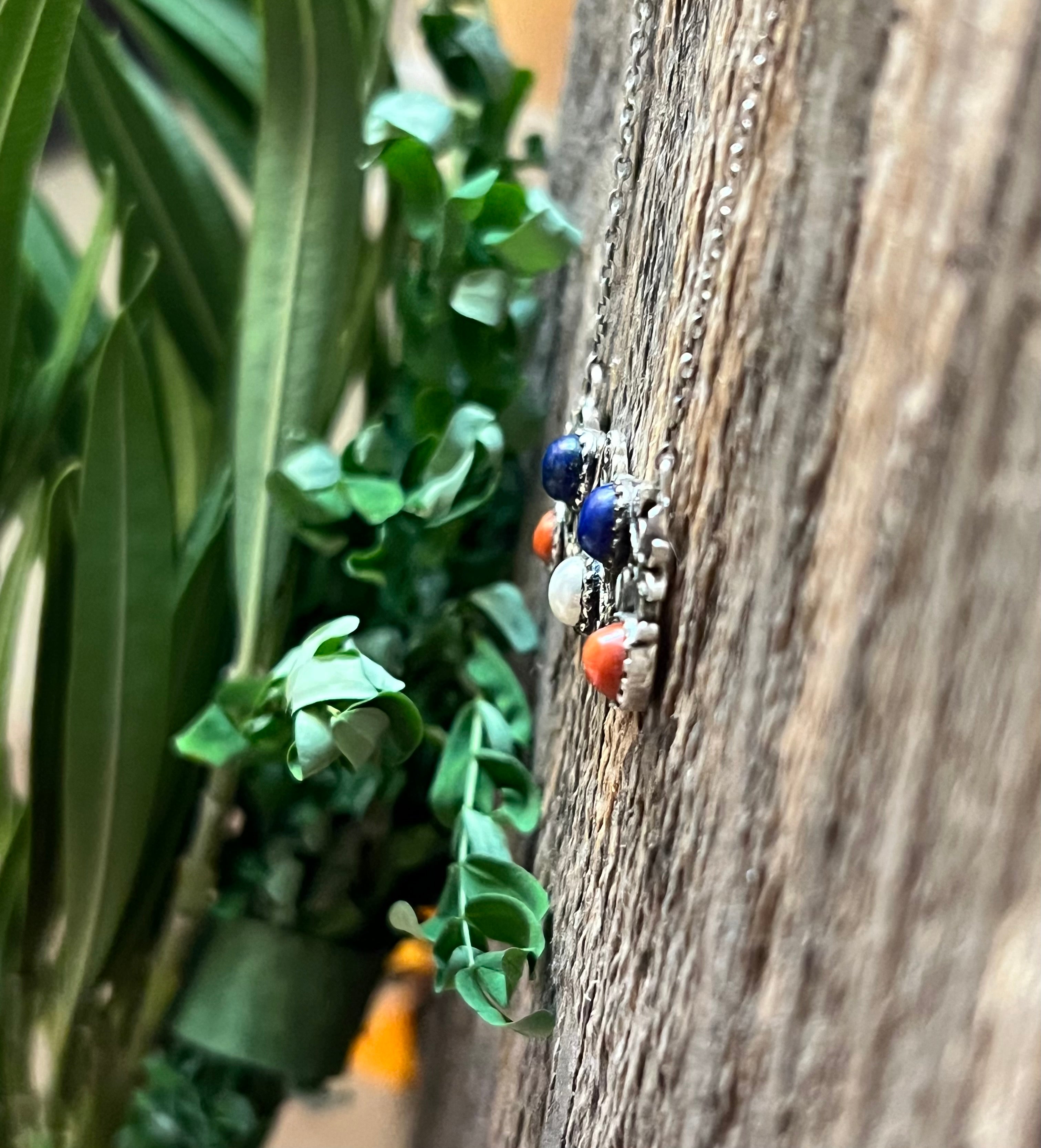 4TH OF JULY COLLECTION Handmade Coral, Pearl, Lapis & Sterling Silver Flower Bar Necklace