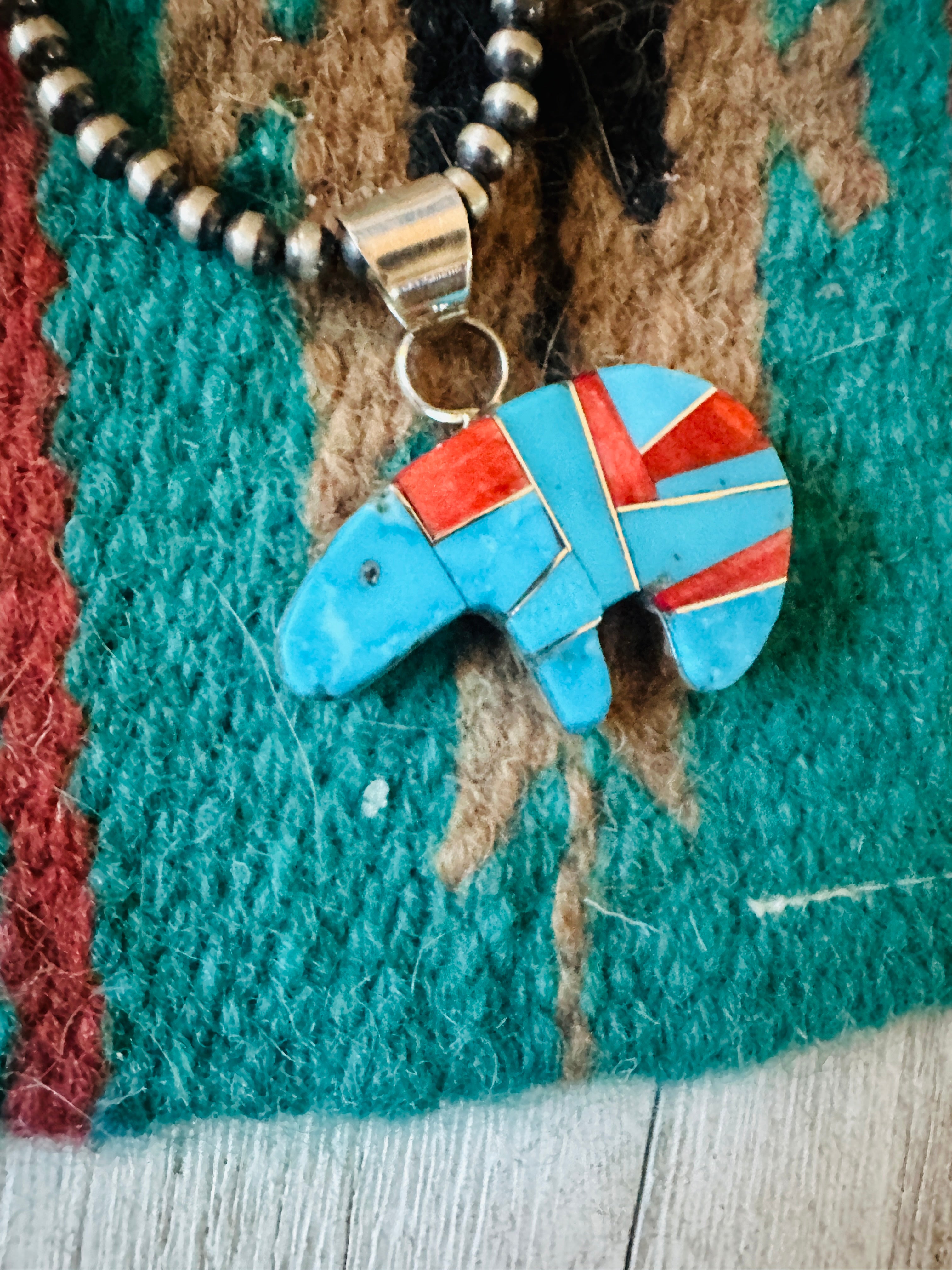 Handcrafted Turquoise, Spiny & Sterling Silver Inlay Fetish Bear Pendant